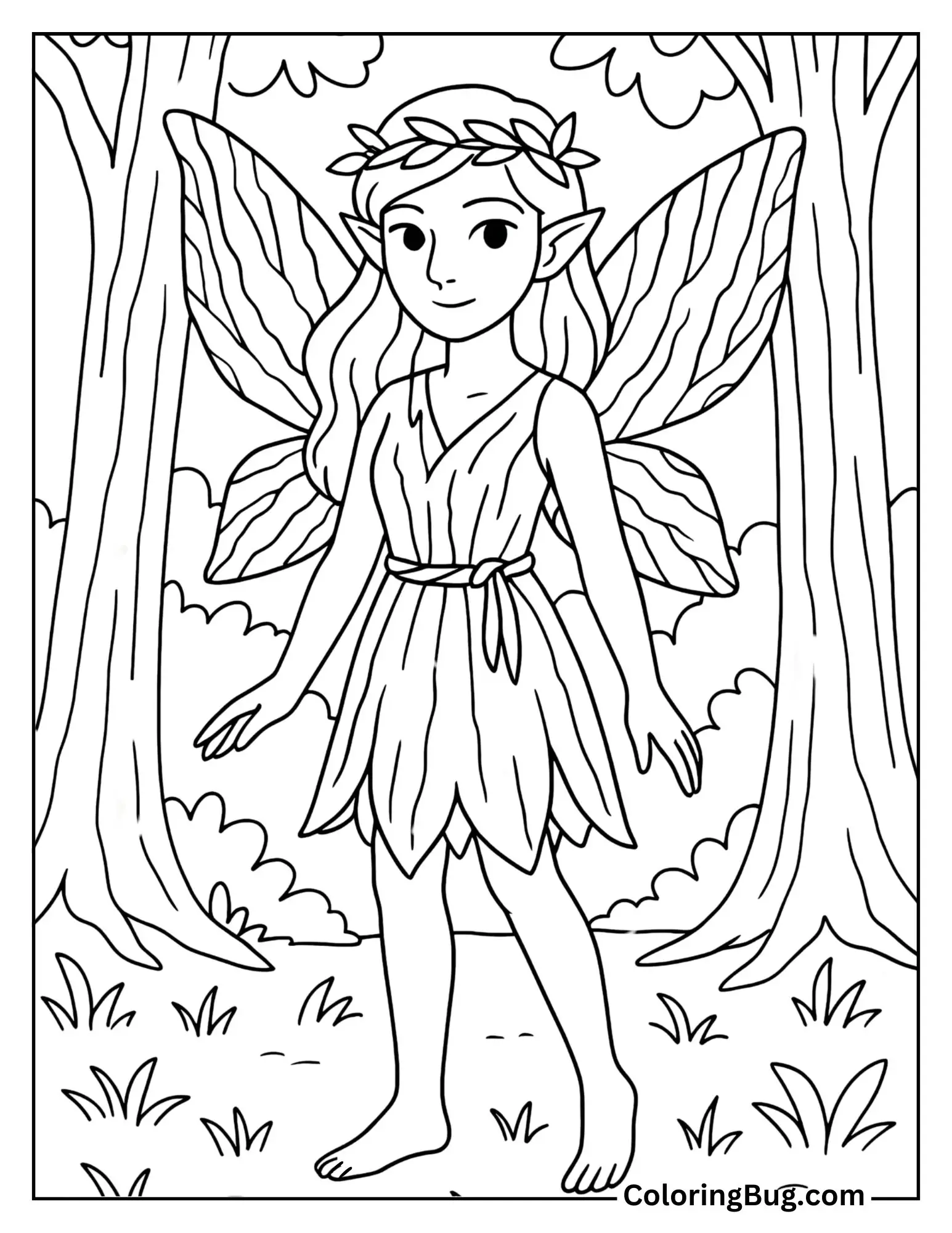 Forest Fairy with Bark-Textured Wings Coloring Sheet