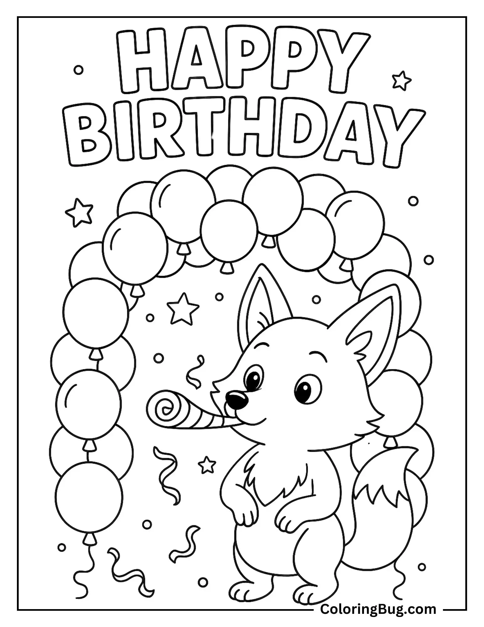 Fox Blowing Party Blowers Under Balloons Arch Coloring Sheet