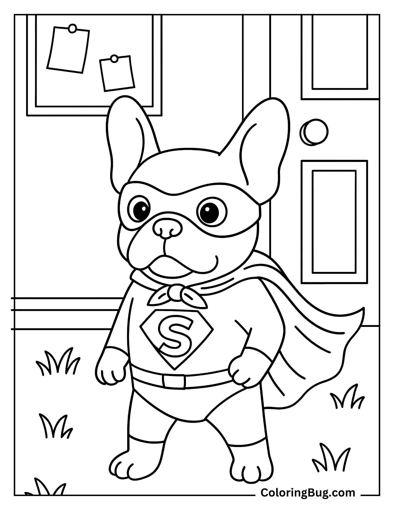 French Bulldog Dressed as Superhero for Costume Day Coloring Sheet