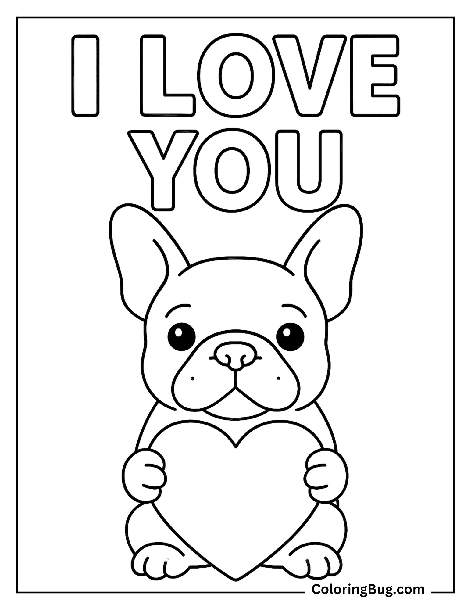 French Bulldog Holding Heart Coloring Sheet