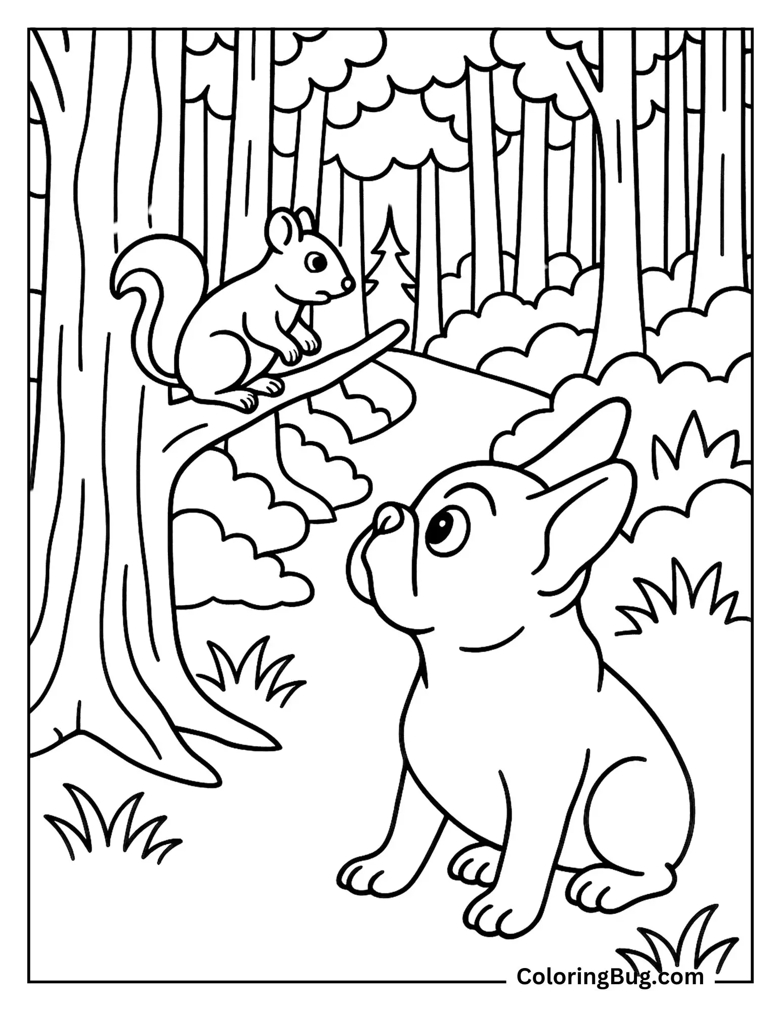 French Bulldog Looking Curiously at a Squirrel in Tree Coloring Sheet