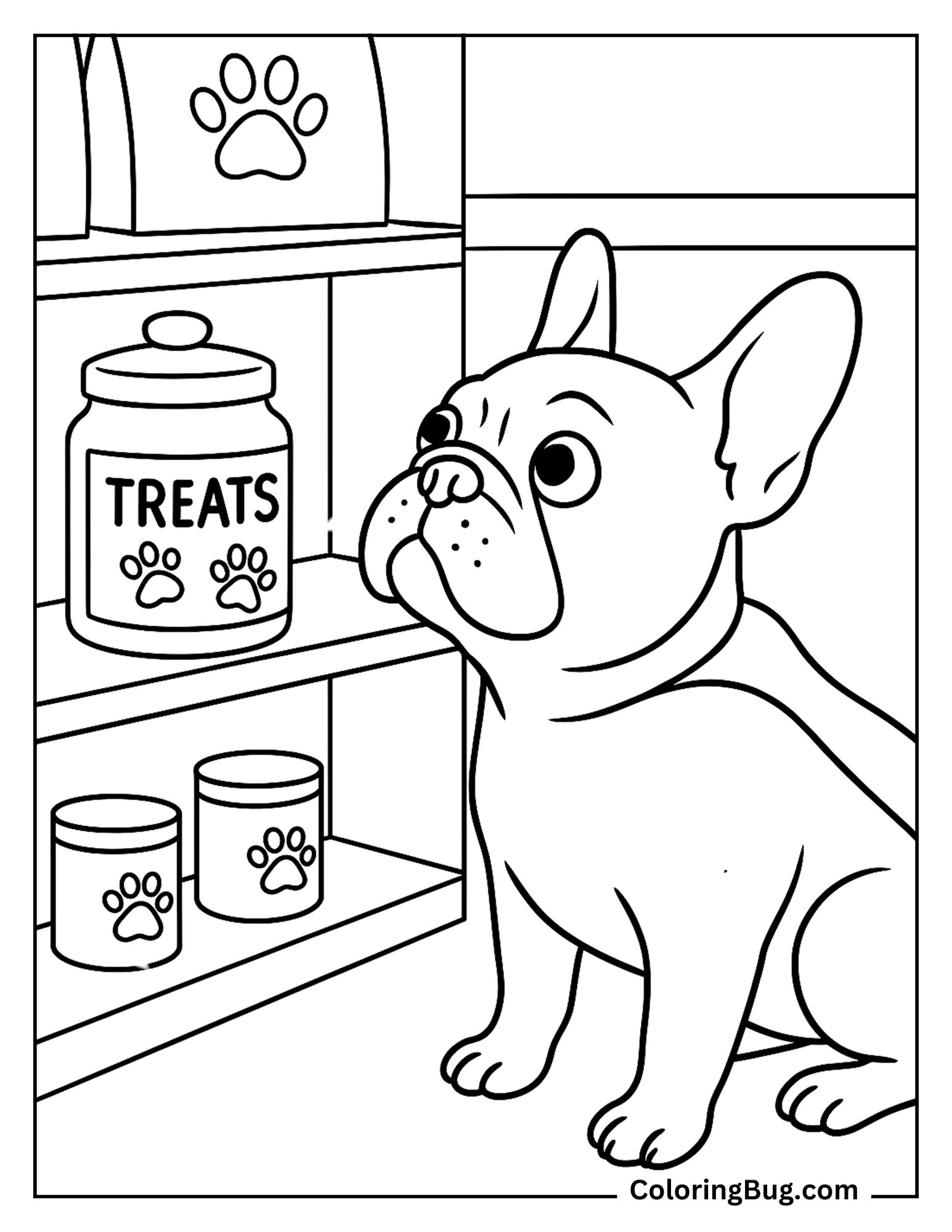 French Bulldog Looking at Treat Jar on Pet Store Shelf Coloring Sheet