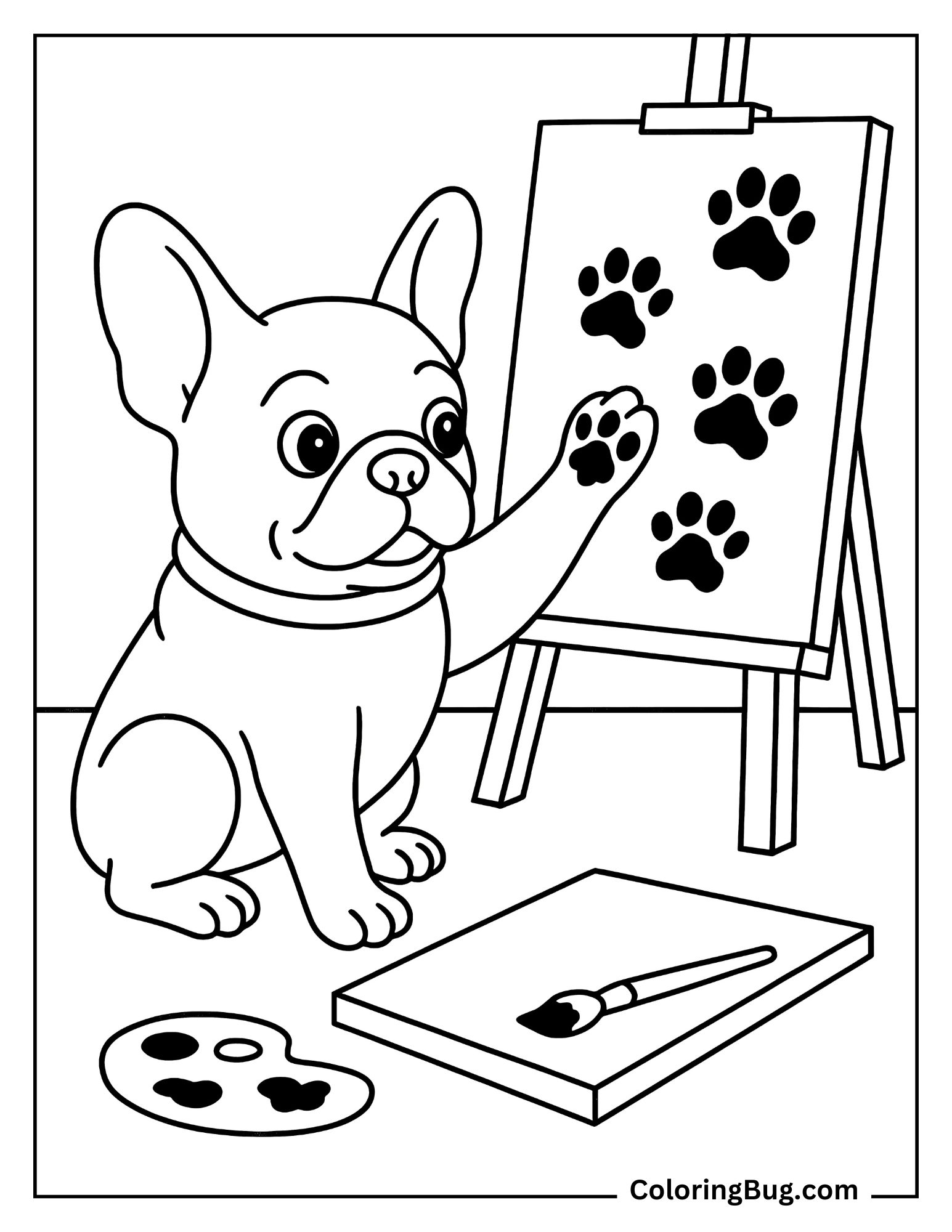 French Bulldog Painting With Paw Prints on Canvas Coloring Sheet
