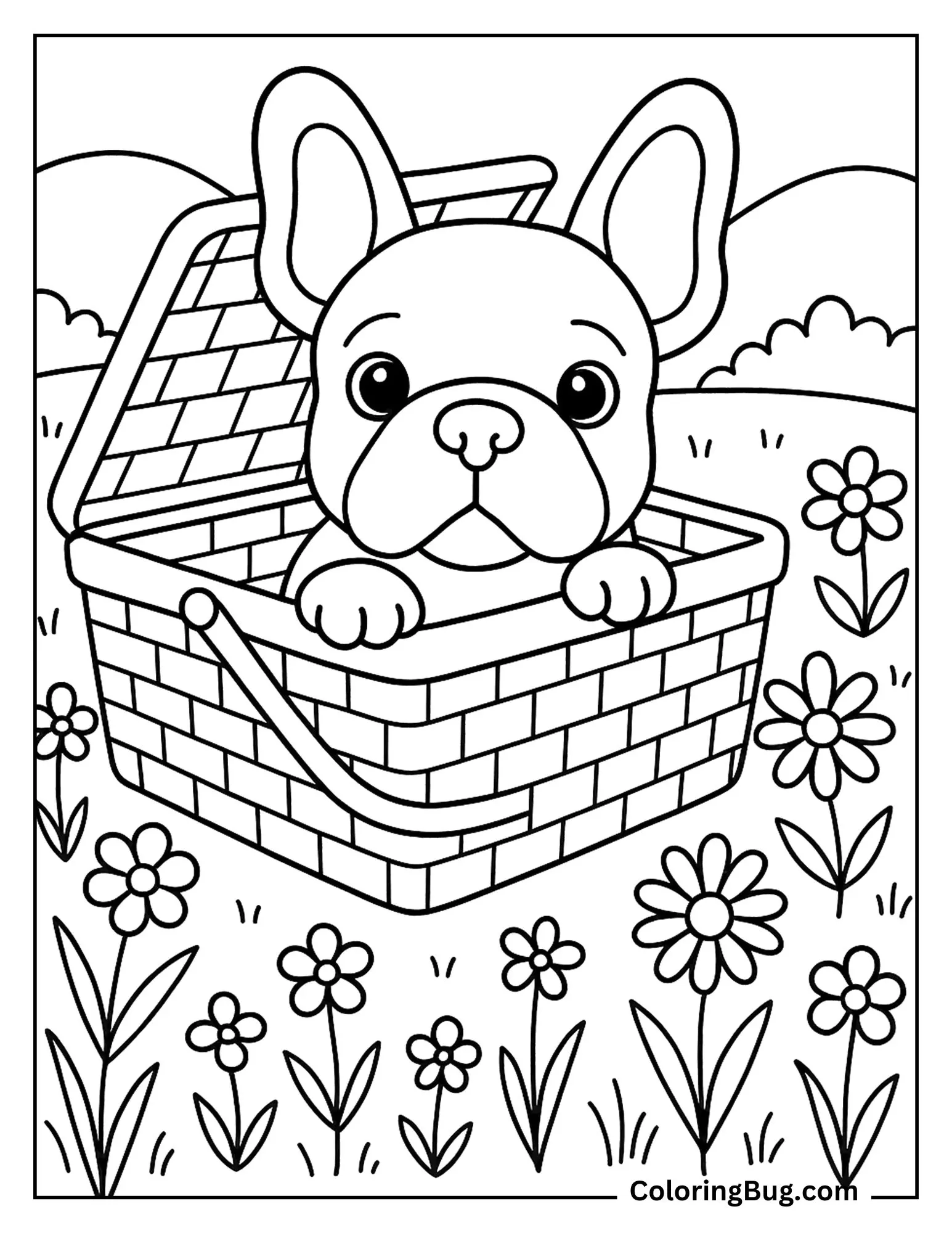 French Bulldog Peeking Out of Picnic Basket Coloring Sheet
