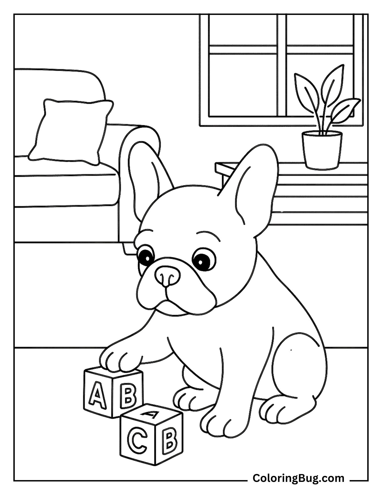 French Bulldog Playing With Alphabet Blocks on Floor Coloring Sheet