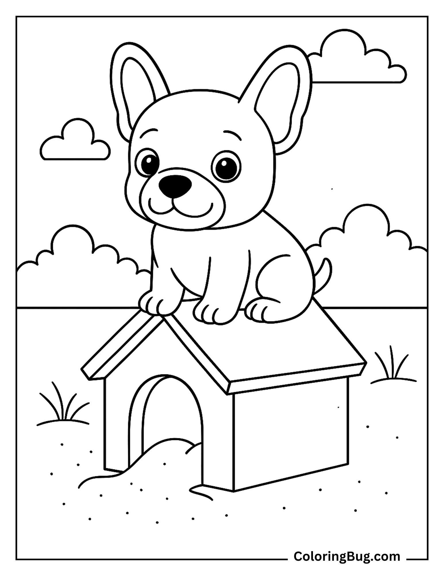 French Bulldog Puppy Sitting on Dog House coloring Sheet