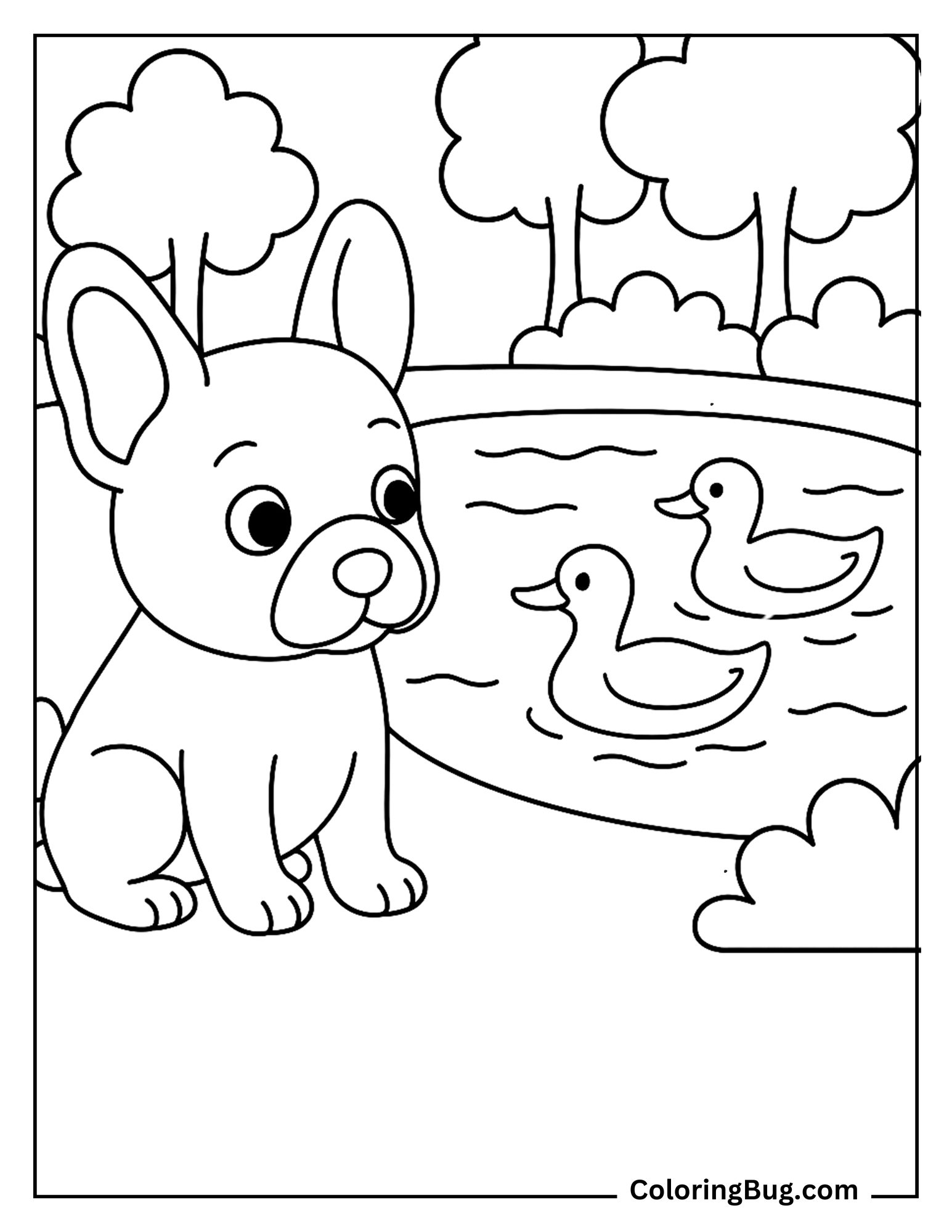 French Bulldog Puppy Watching Ducks at the Pond coloring Sheet