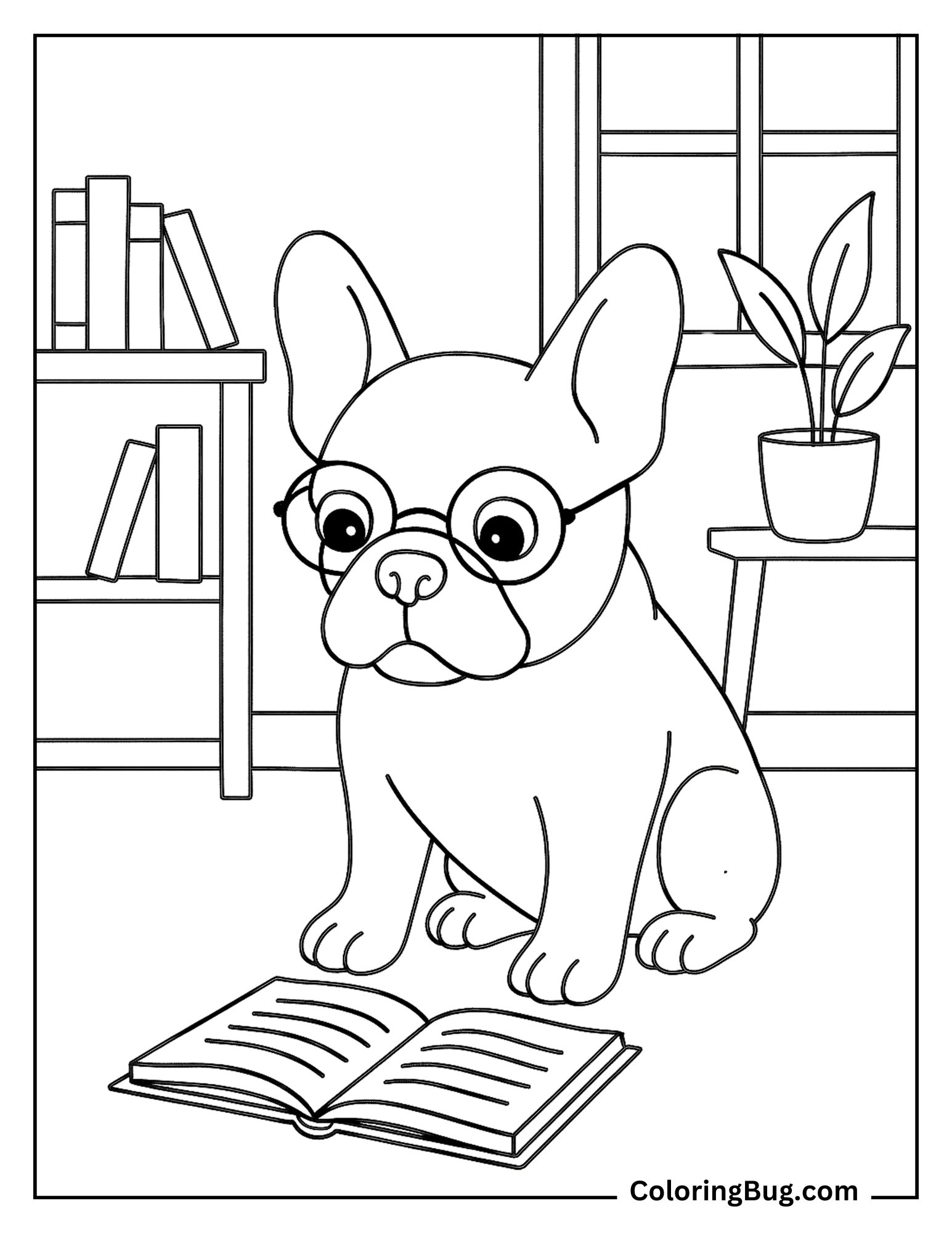 French Bulldog Reading a Book Coloring Sheet