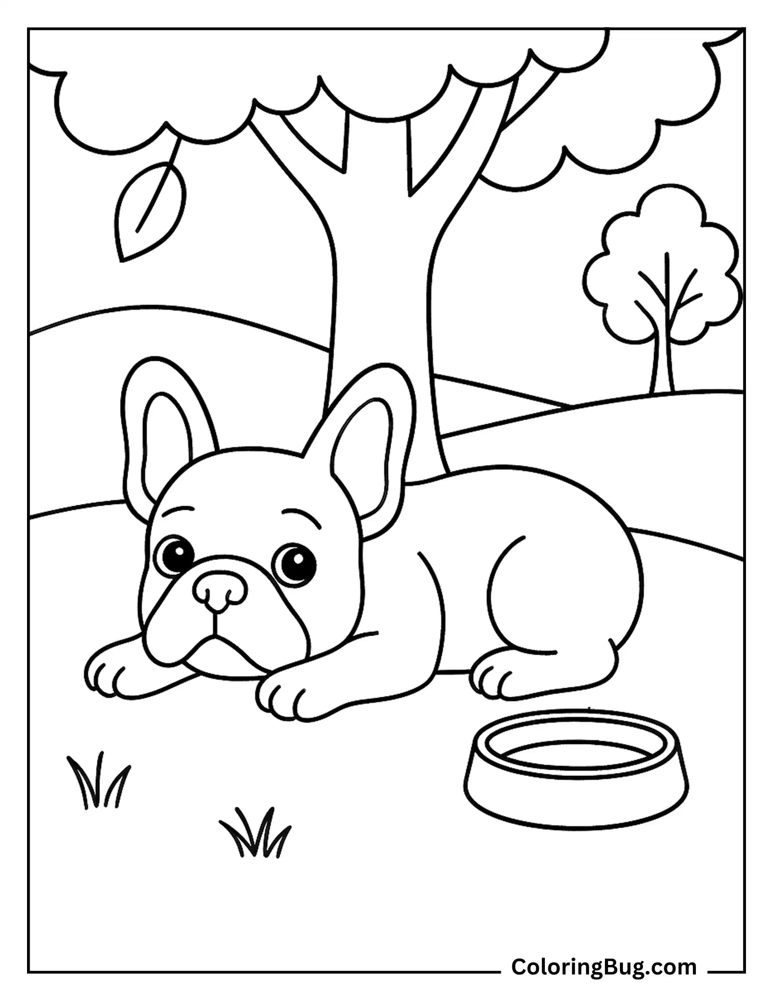 French Bulldog Resting Under Tree Coloring Sheet