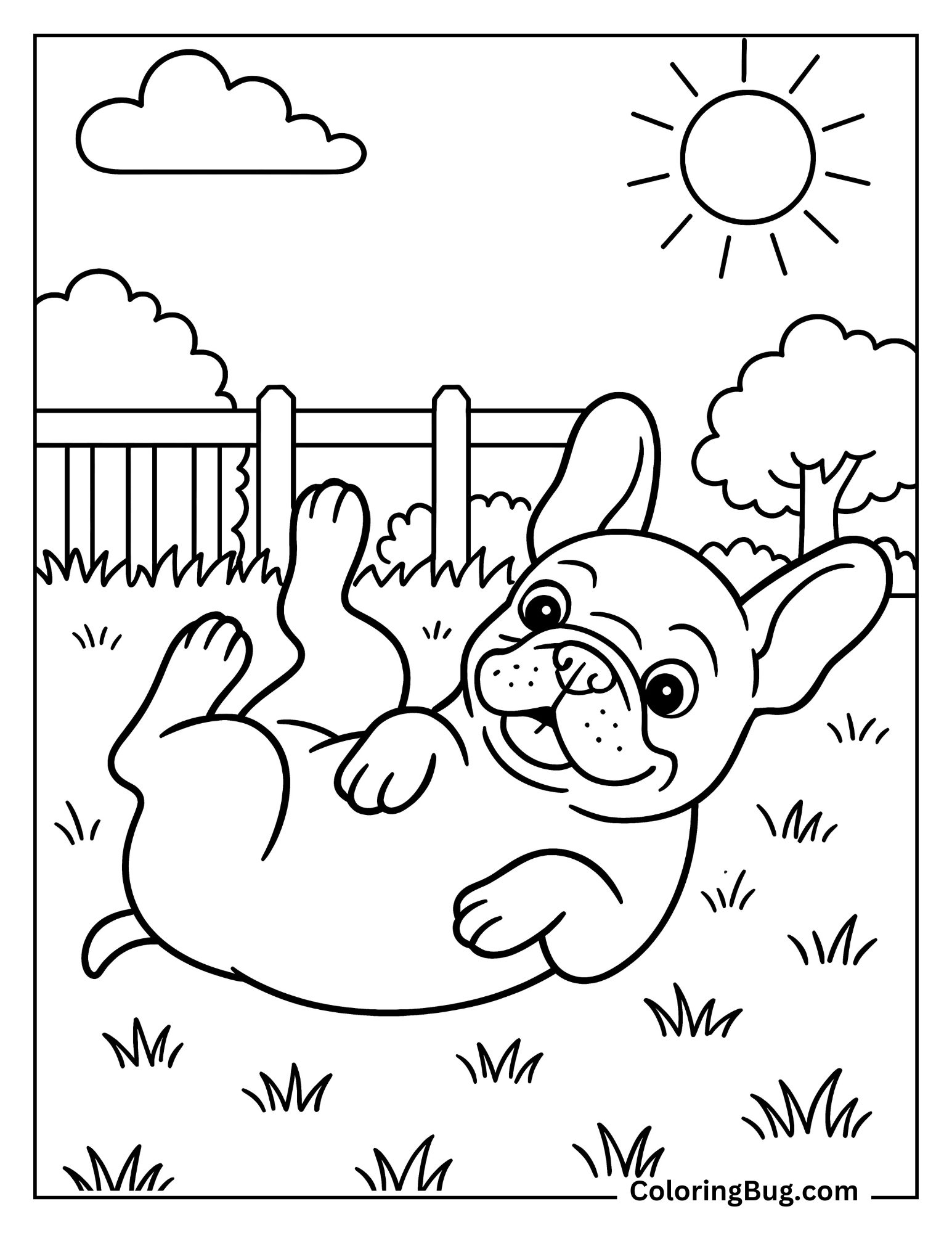 French Bulldog Rolling on Grass Coloring Sheet