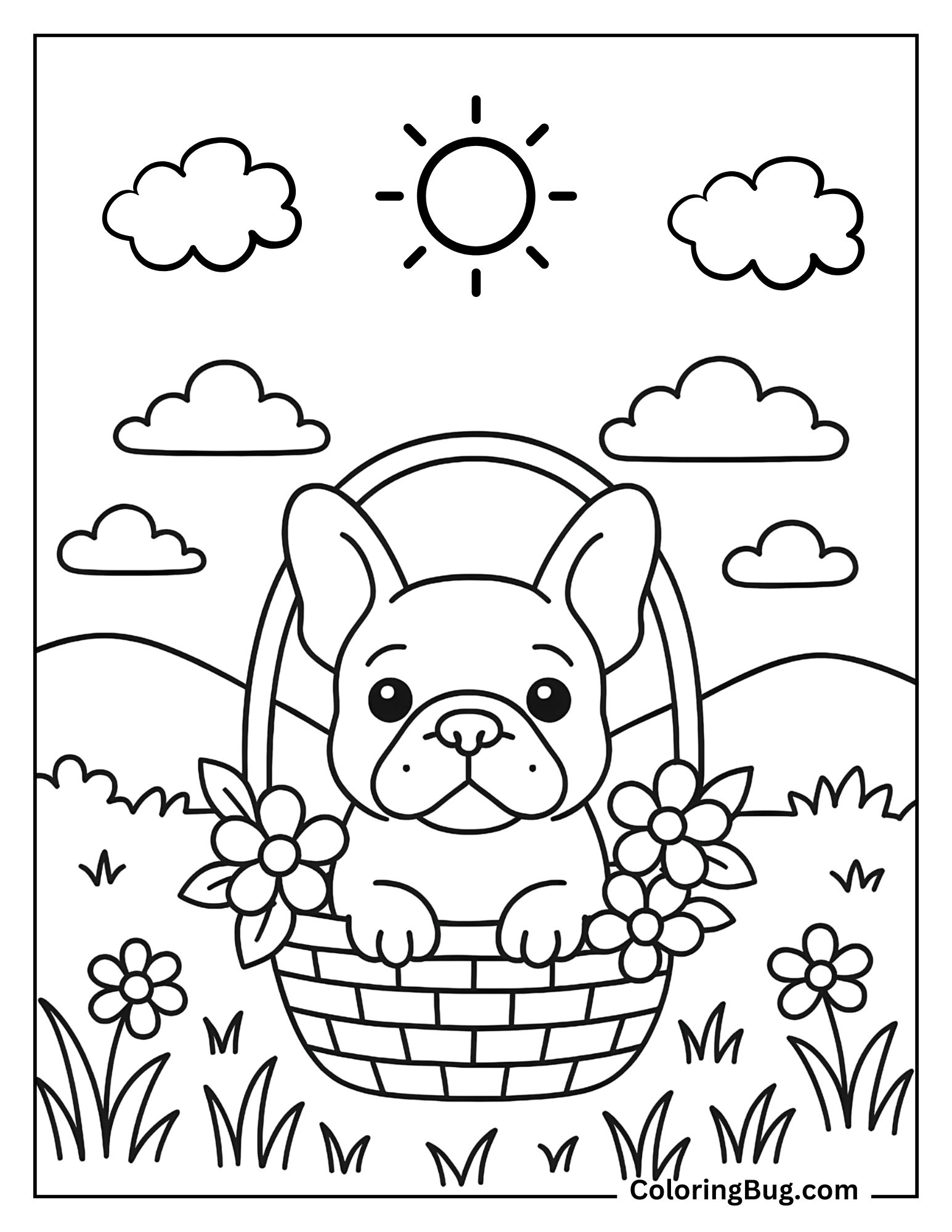 French Bulldog Sitting Inside Flowers Basket Coloring Sheet