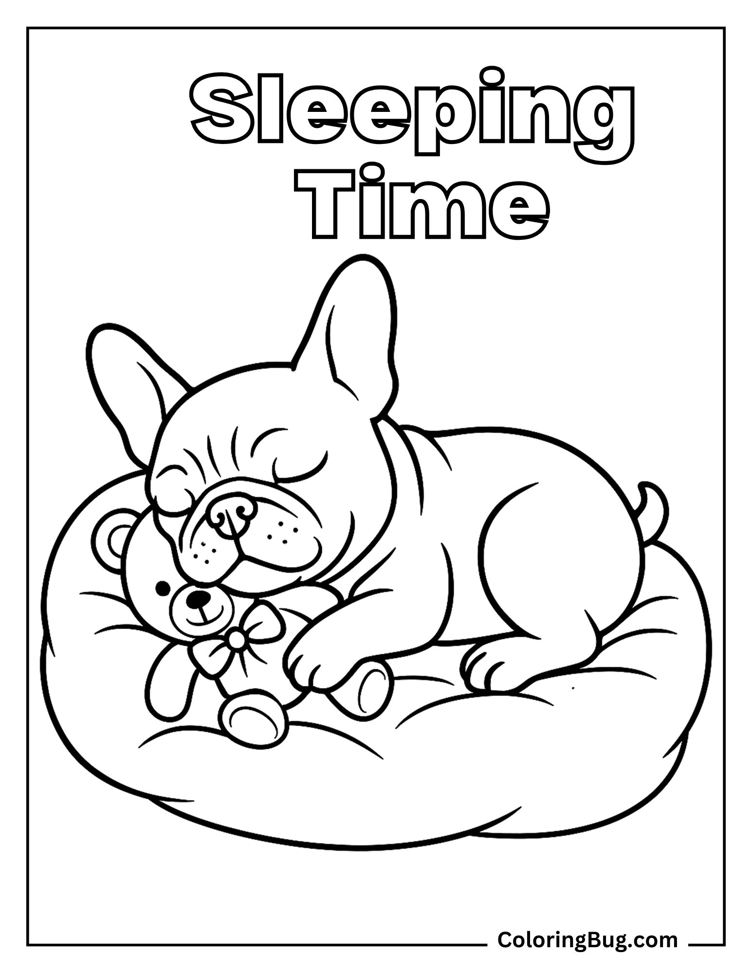 French Bulldog Snuggled With Teddy Bear on Soft Cushion Coloring Sheet