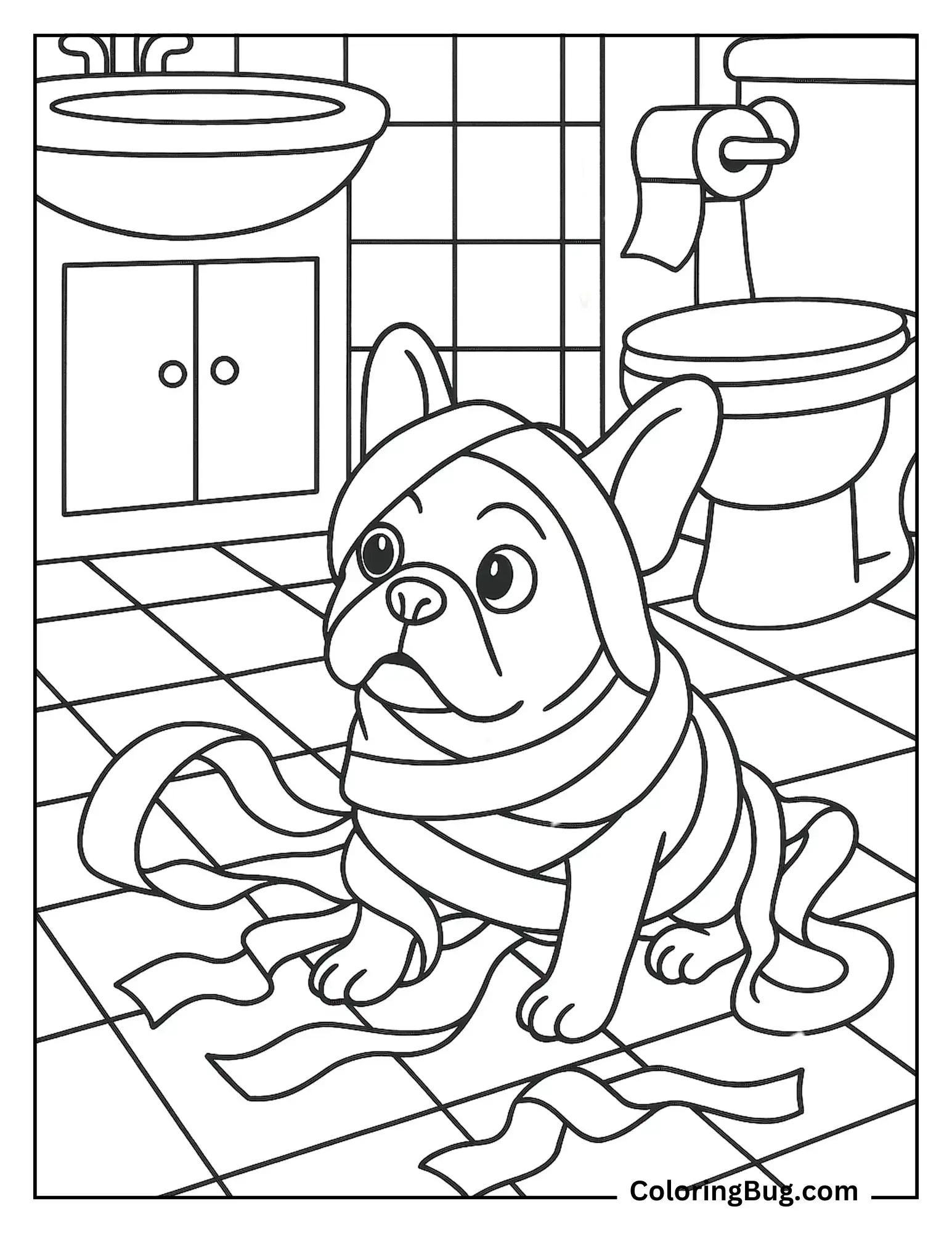 French Bulldog Tangled in Toilet Paper in Bathroom Coloring Sheet