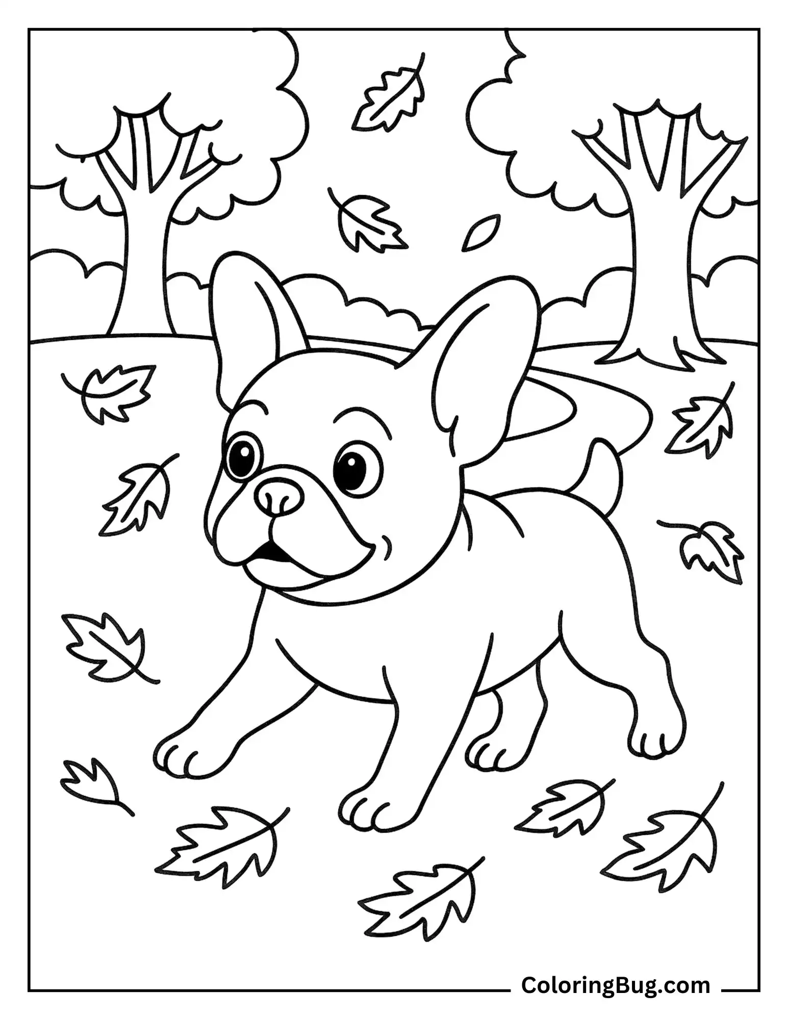 French Bulldog Walking Through Park With Falling Leaves Coloring Sheet