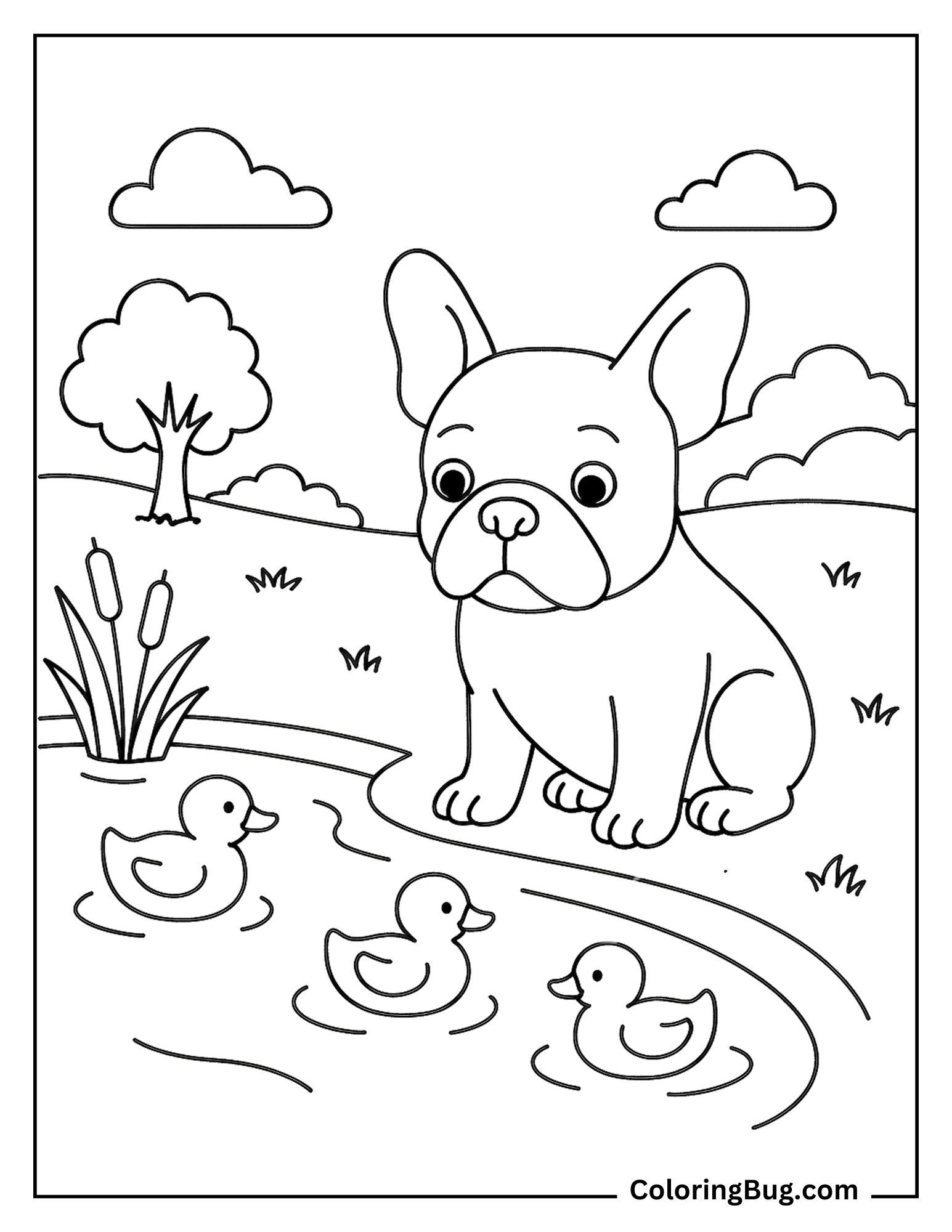 French Bulldog Watching Ducklings Swimming in Pond Coloring Sheet