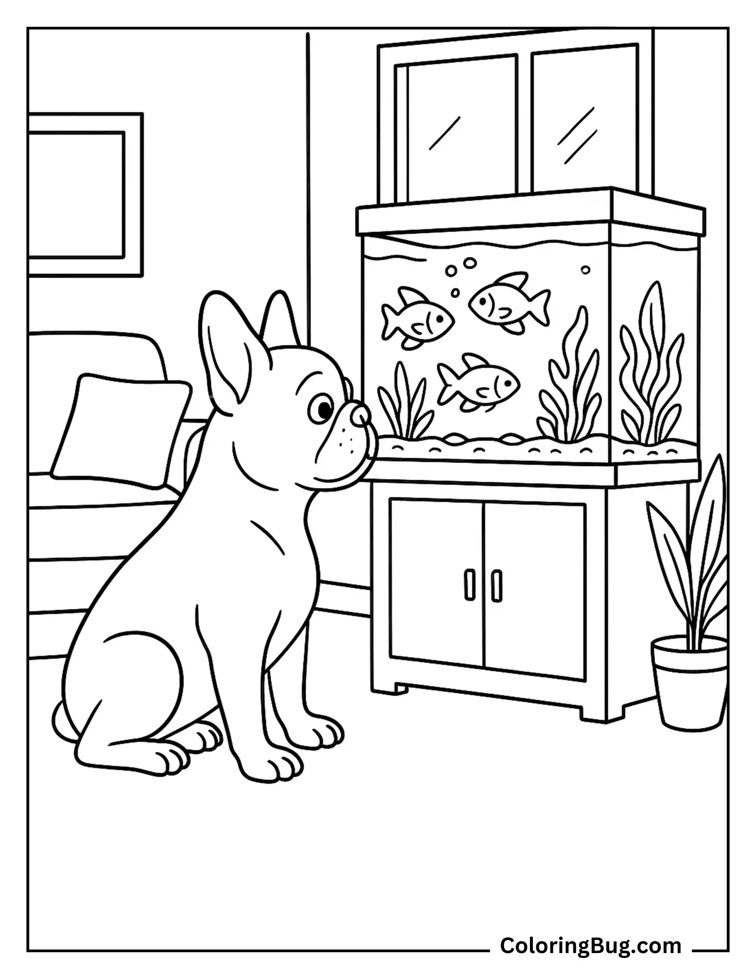 French Bulldog Watching Fish in Aquarium in Living Room Coloring Sheet