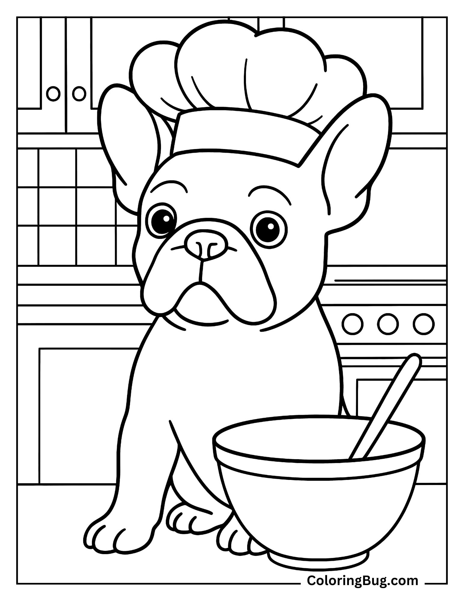 French Bulldog Wearing Chef Hat Beside Mixing Bowl Coloring Sheet