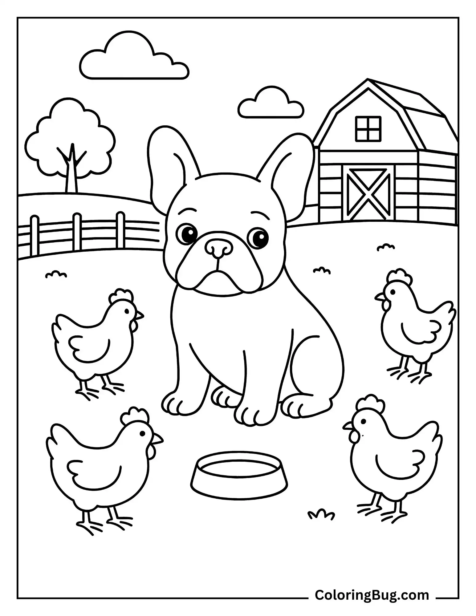 French Bulldog in Farm Surrounded By Chickens Coloring Sheet