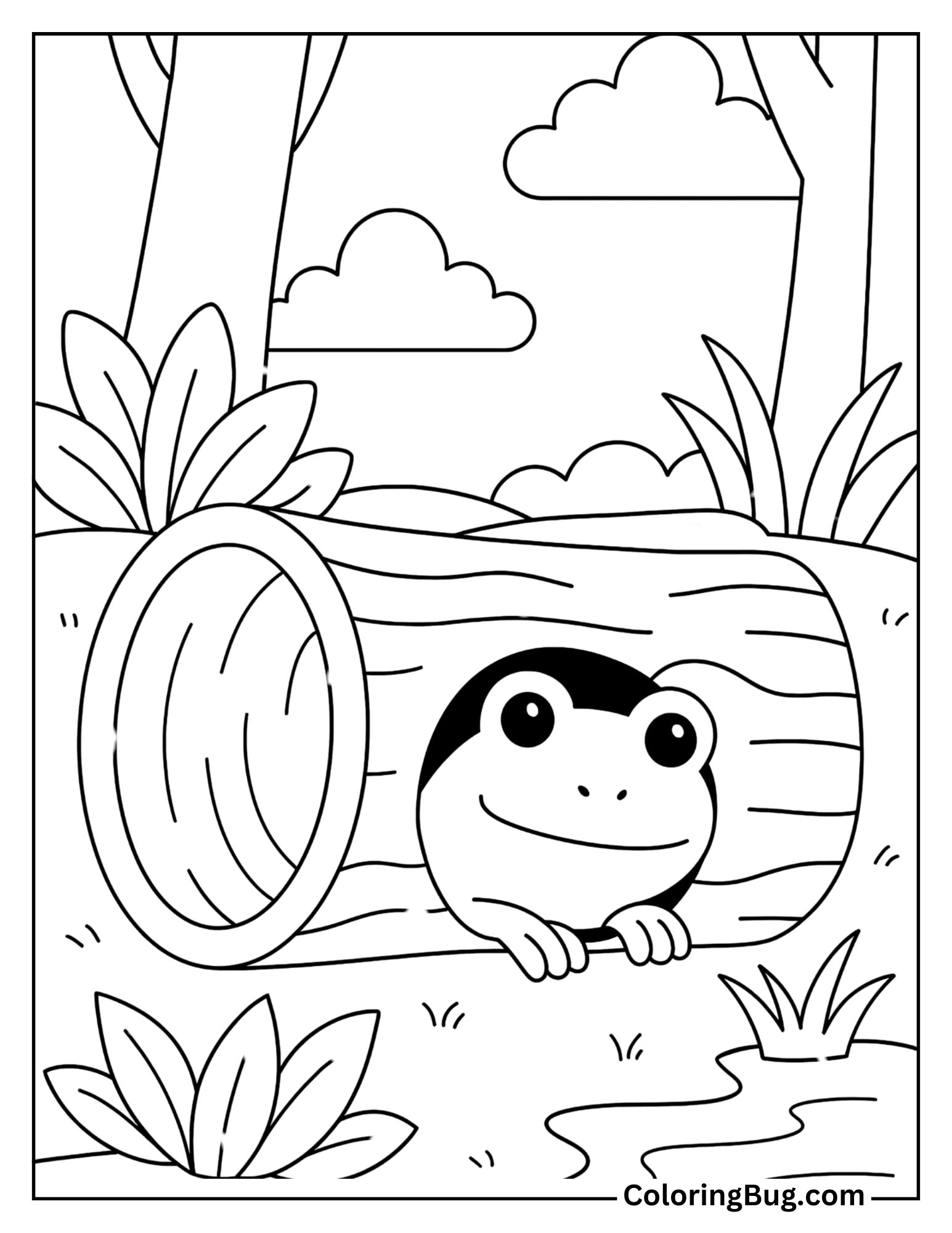 Frog Hiding in a Hollow Log Coloring Sheet
