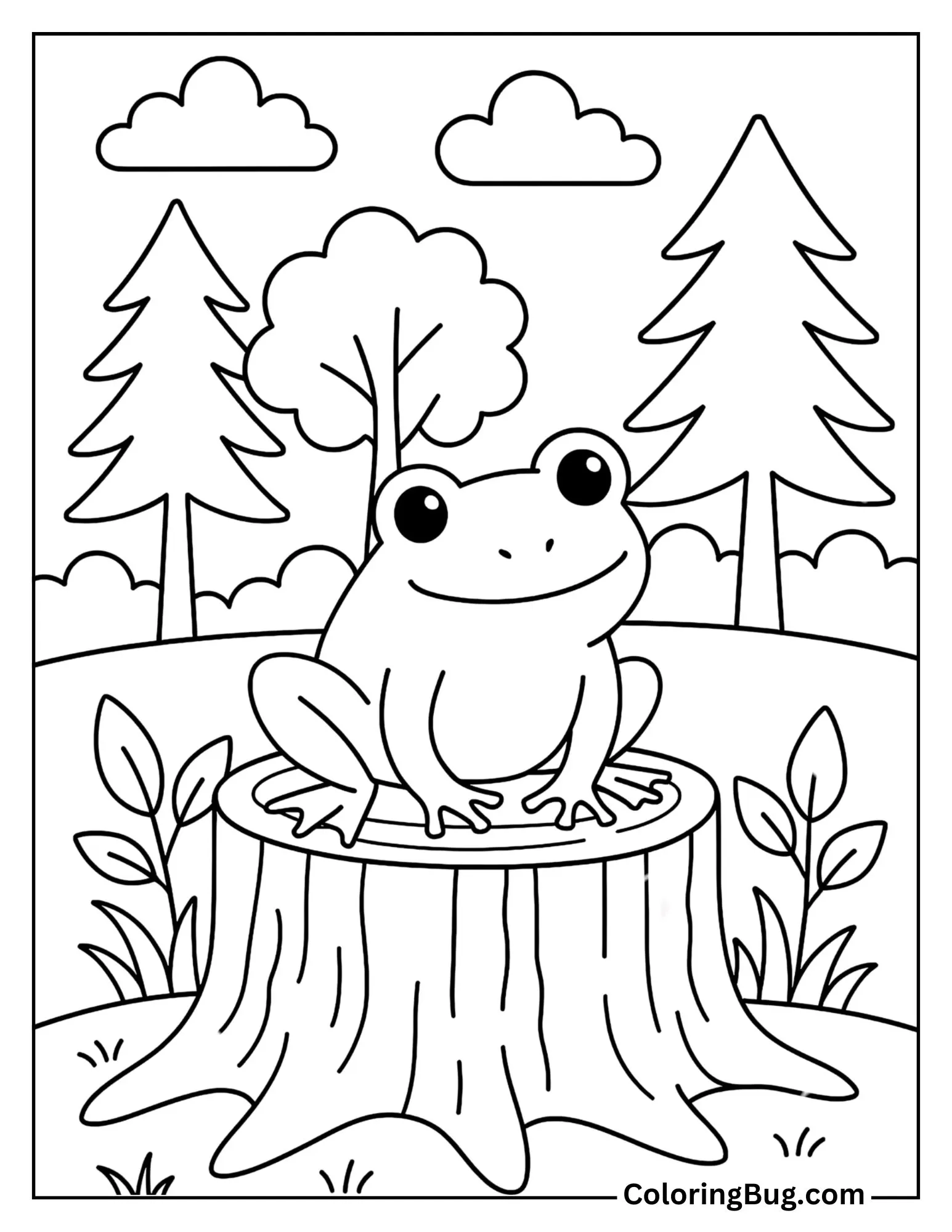 Frog on a Tree Stump in the Forest Coloring Sheet