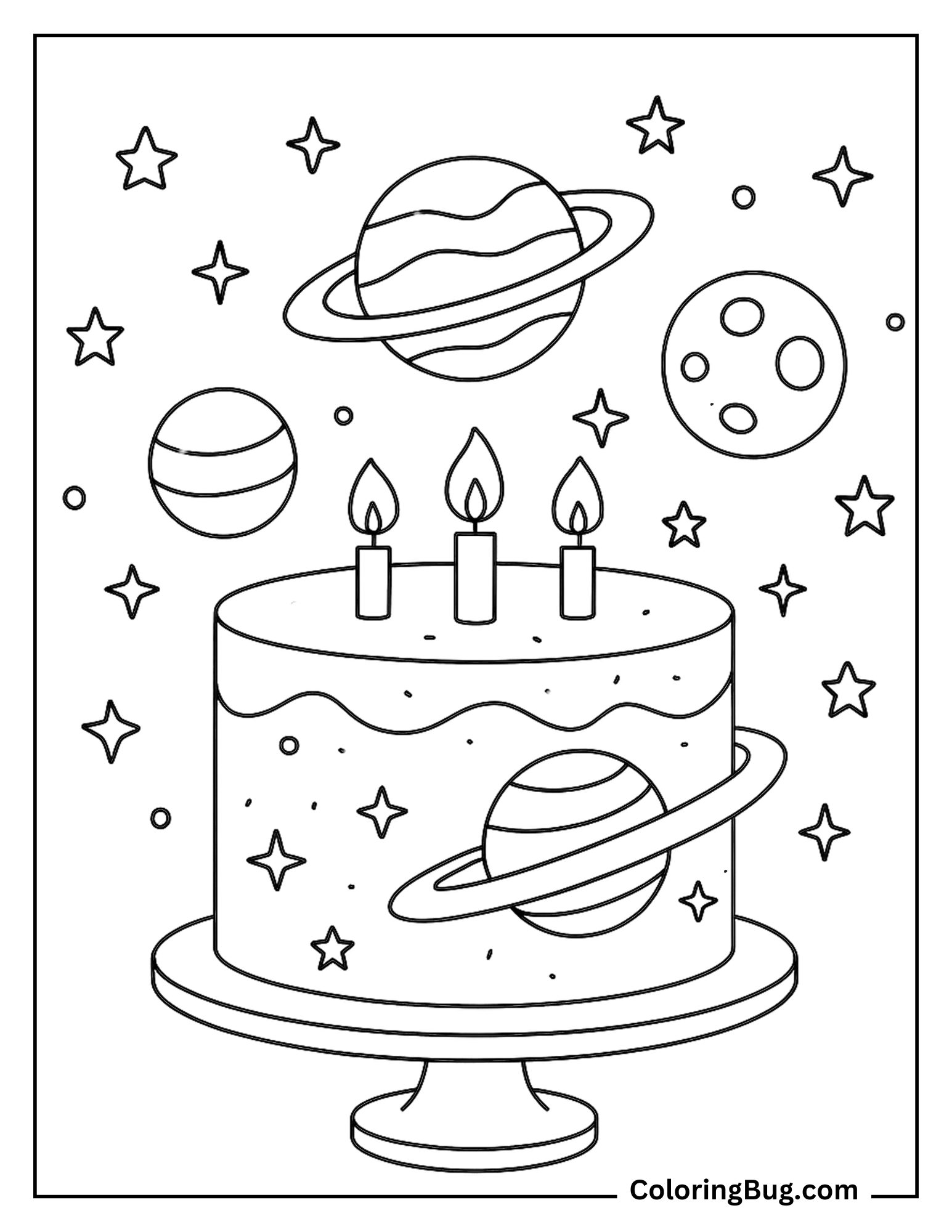 Galaxy Cake With Planets, Stars, and Rings Coloring Sheet