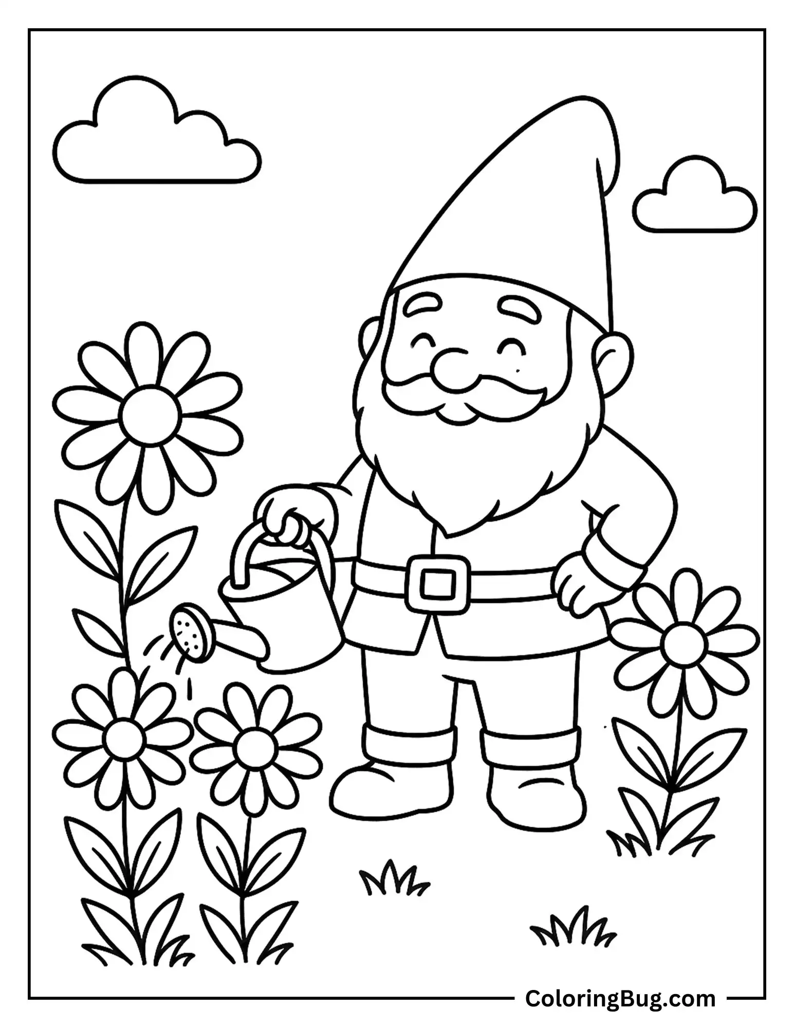 Garden Gnome Watering June Flowers Coloring Sheet