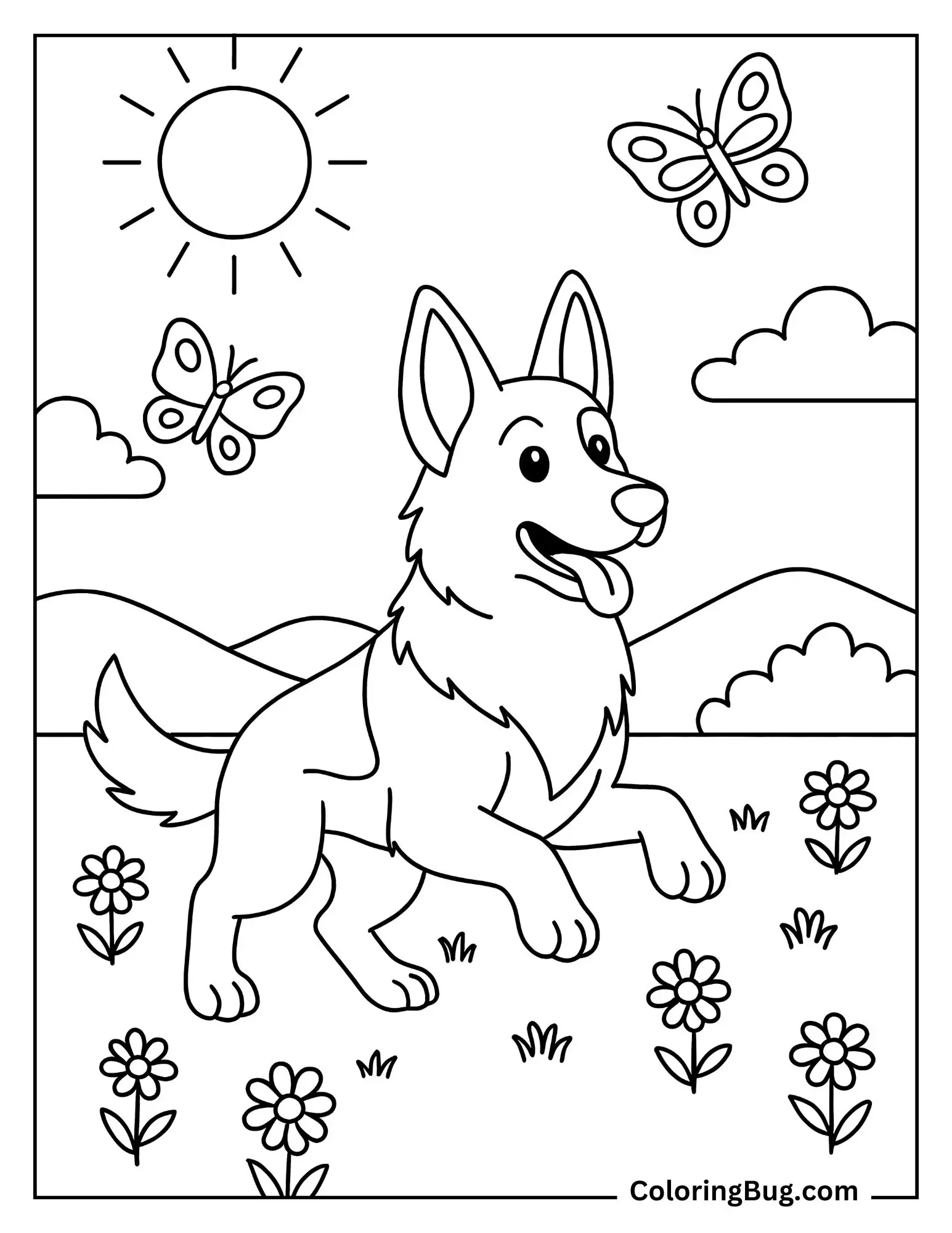 German Shepherd Chasing Butterflies in Meadow Coloring Sheet