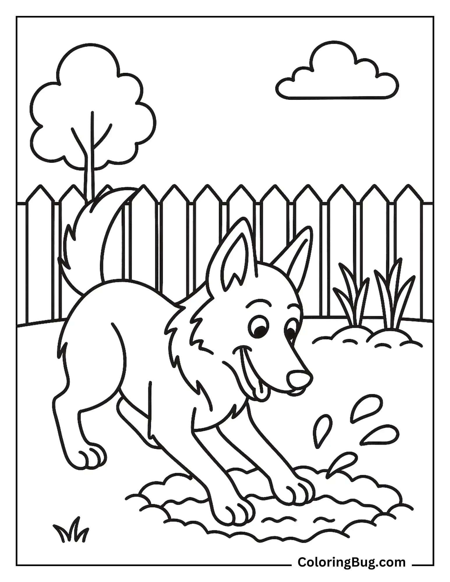 German Shepherd Digging Hole in Backyard Coloring Sheet