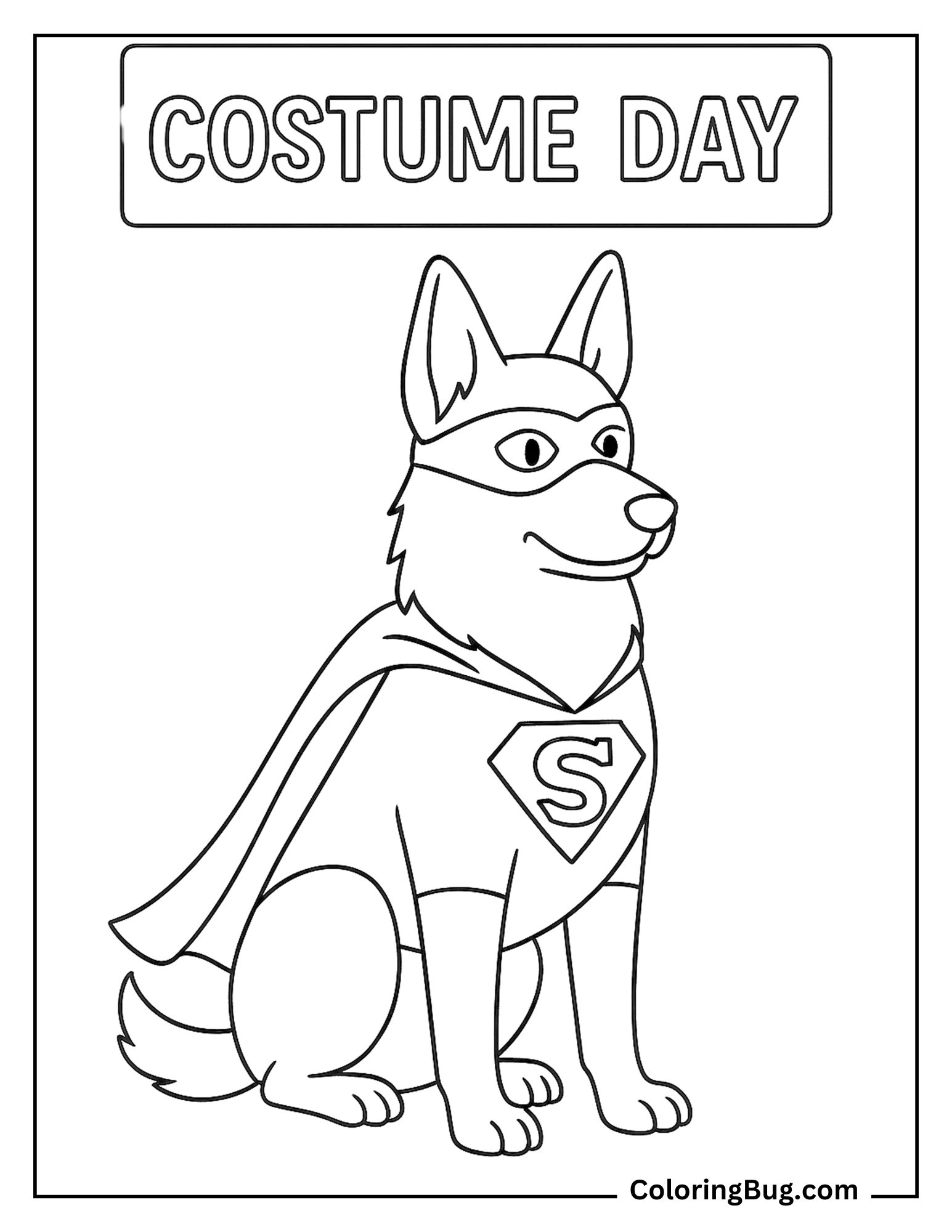 German Shepherd Dressed as Superhero for Costume Day Coloring Sheet