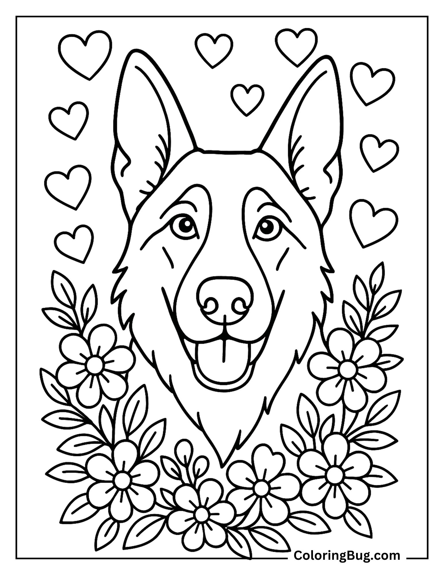 German Shepherd Face With Hearts And Flowers Coloring Sheet