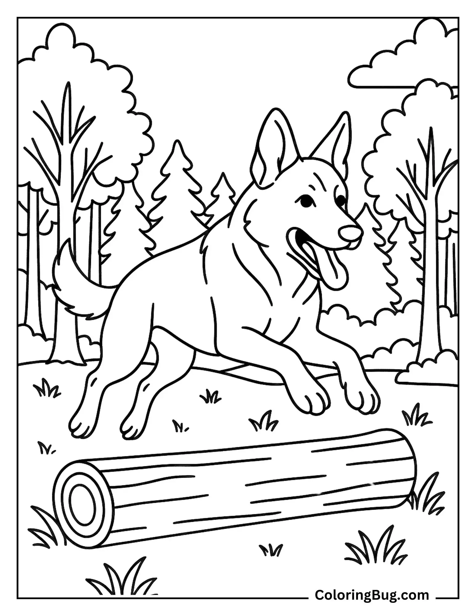 German Shepherd Jumping Over a Log Coloring Sheet