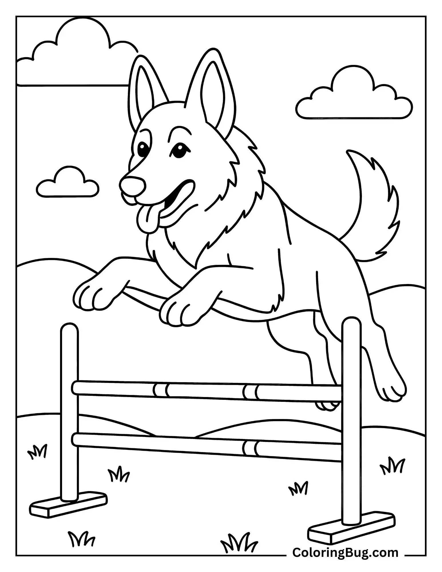 German Shepherd Jumping Over an Agility Hurdle Coloring Sheet