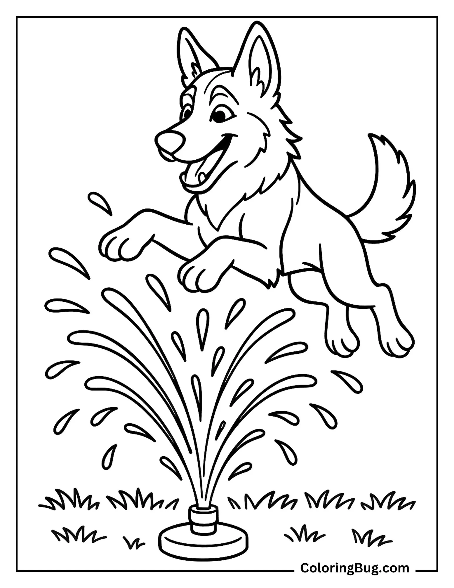 German Shepherd Jumping Through a Sprinkler Coloring Sheet