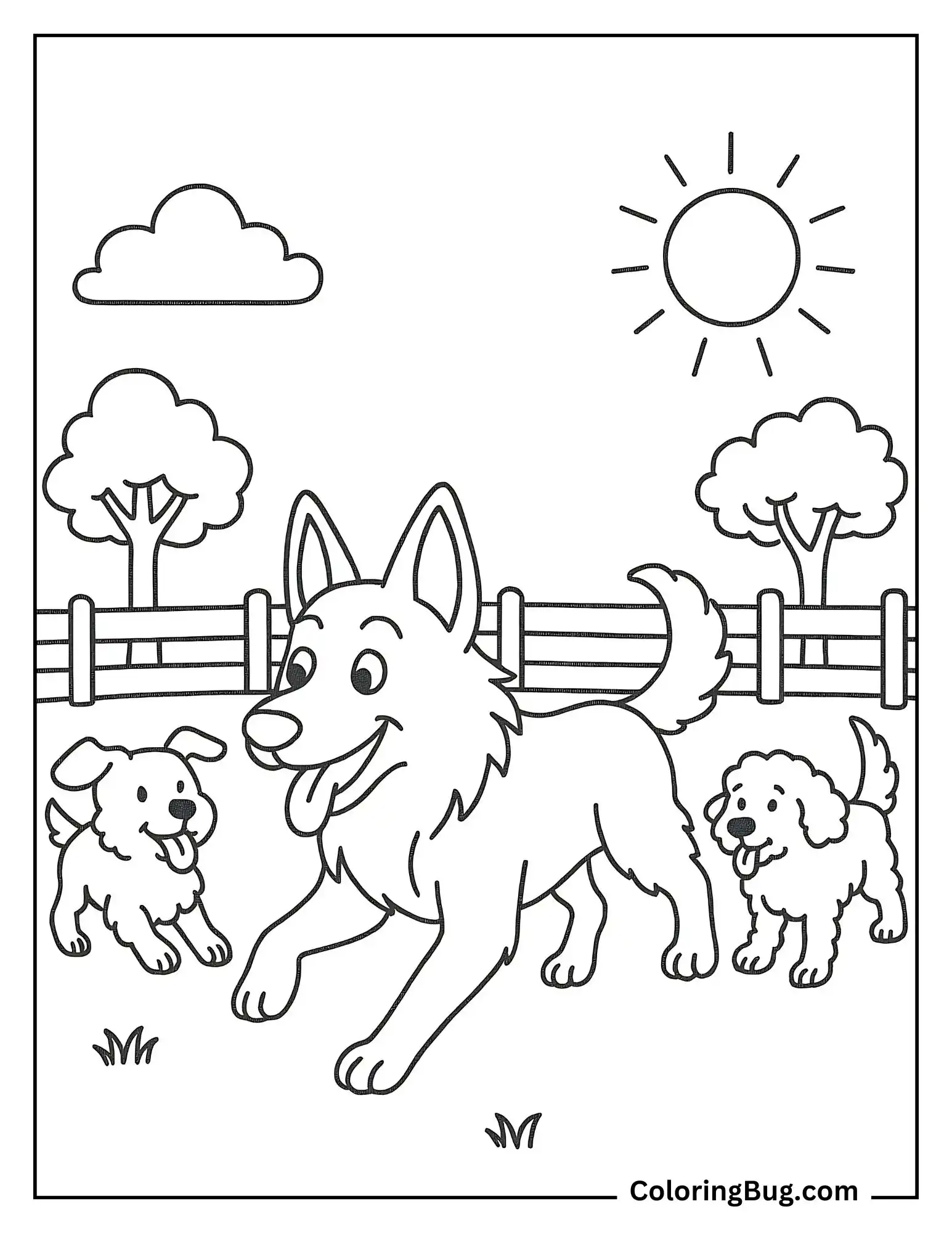 German Shepherd Playing With Cute Puppies Coloring Sheet