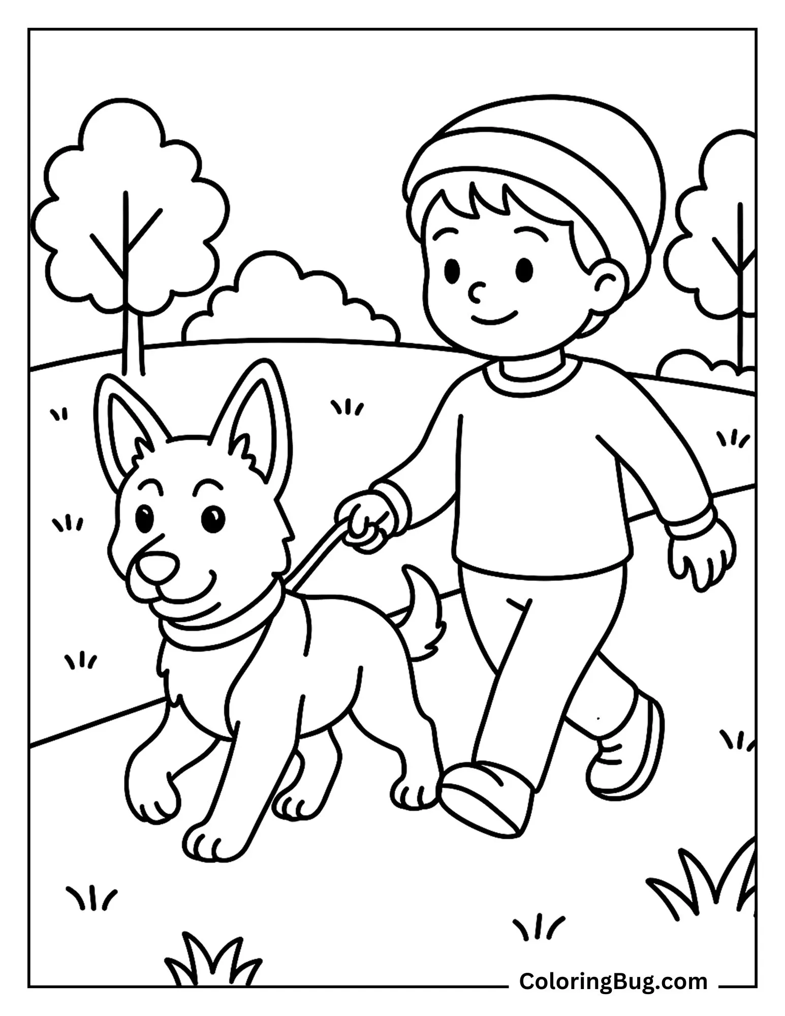 German Shepherd Puppy Walking With a Child in Park Coloring Sheet