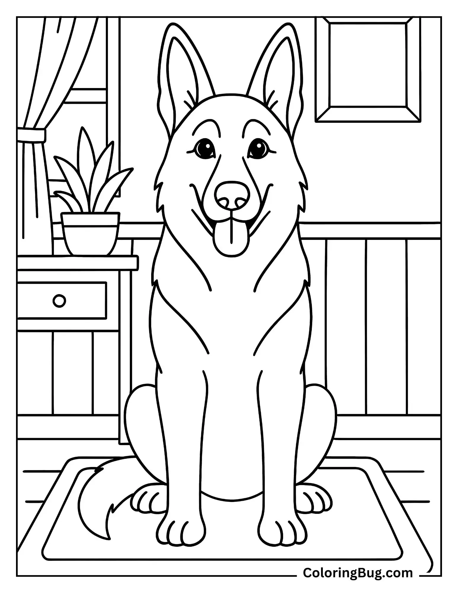 German Shepherd Sitting Inside Home Coloring Sheet