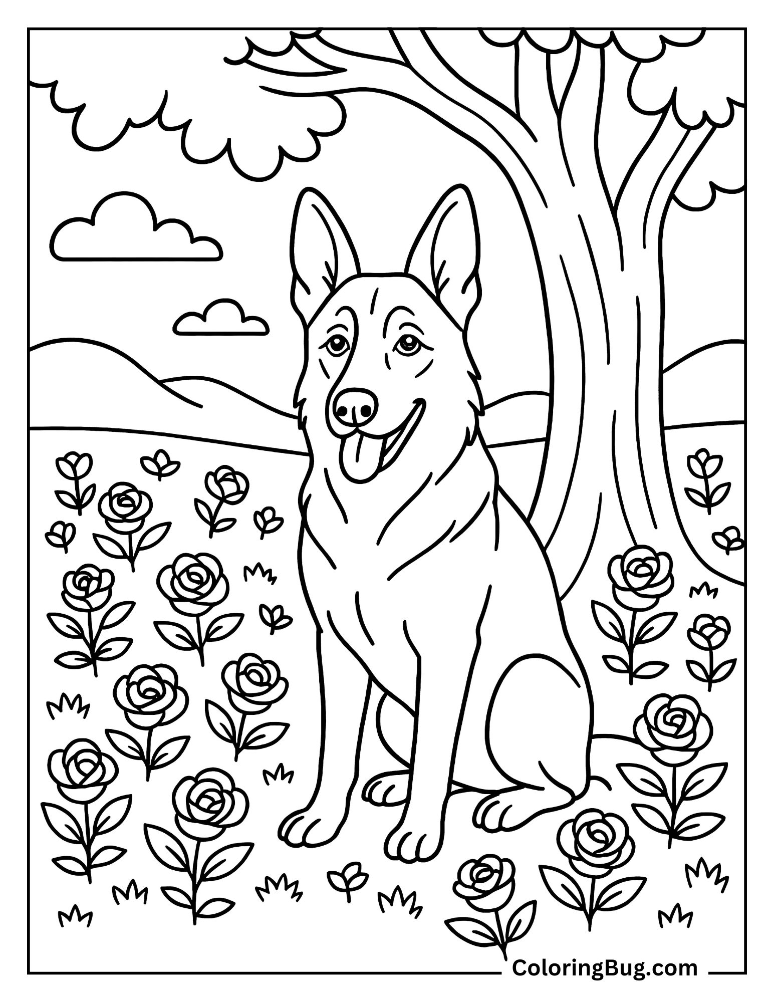German Shepherd Sitting Under Tree Coloring Sheet