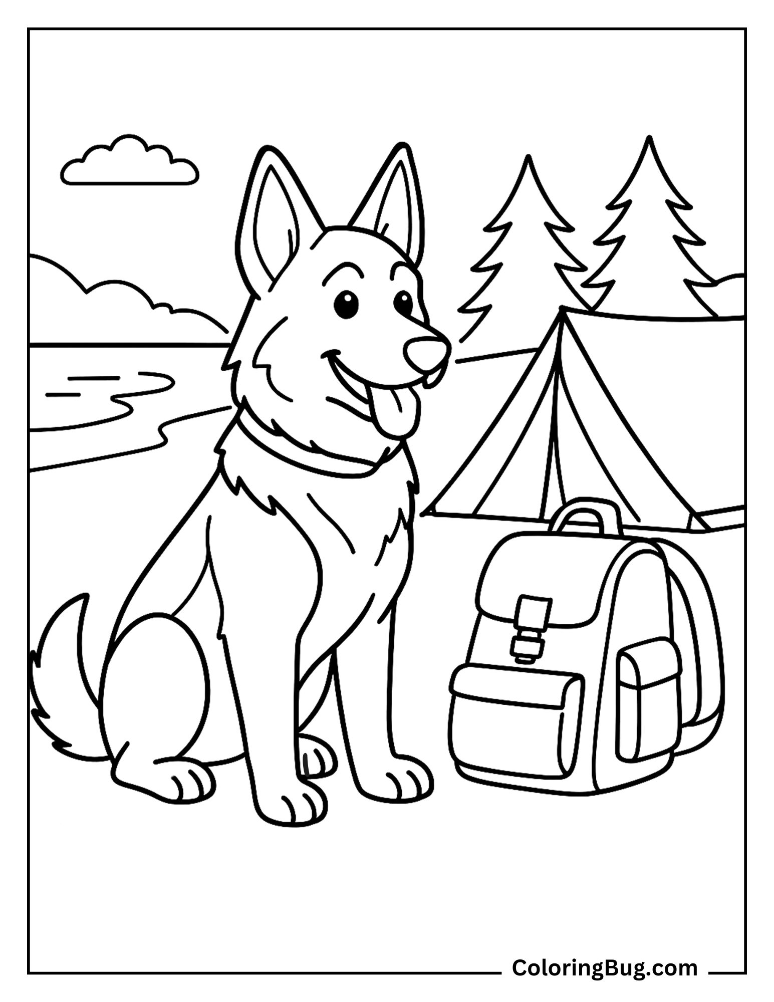 German Shepherd Sitting by Backpack at Camping Site Coloring Sheet