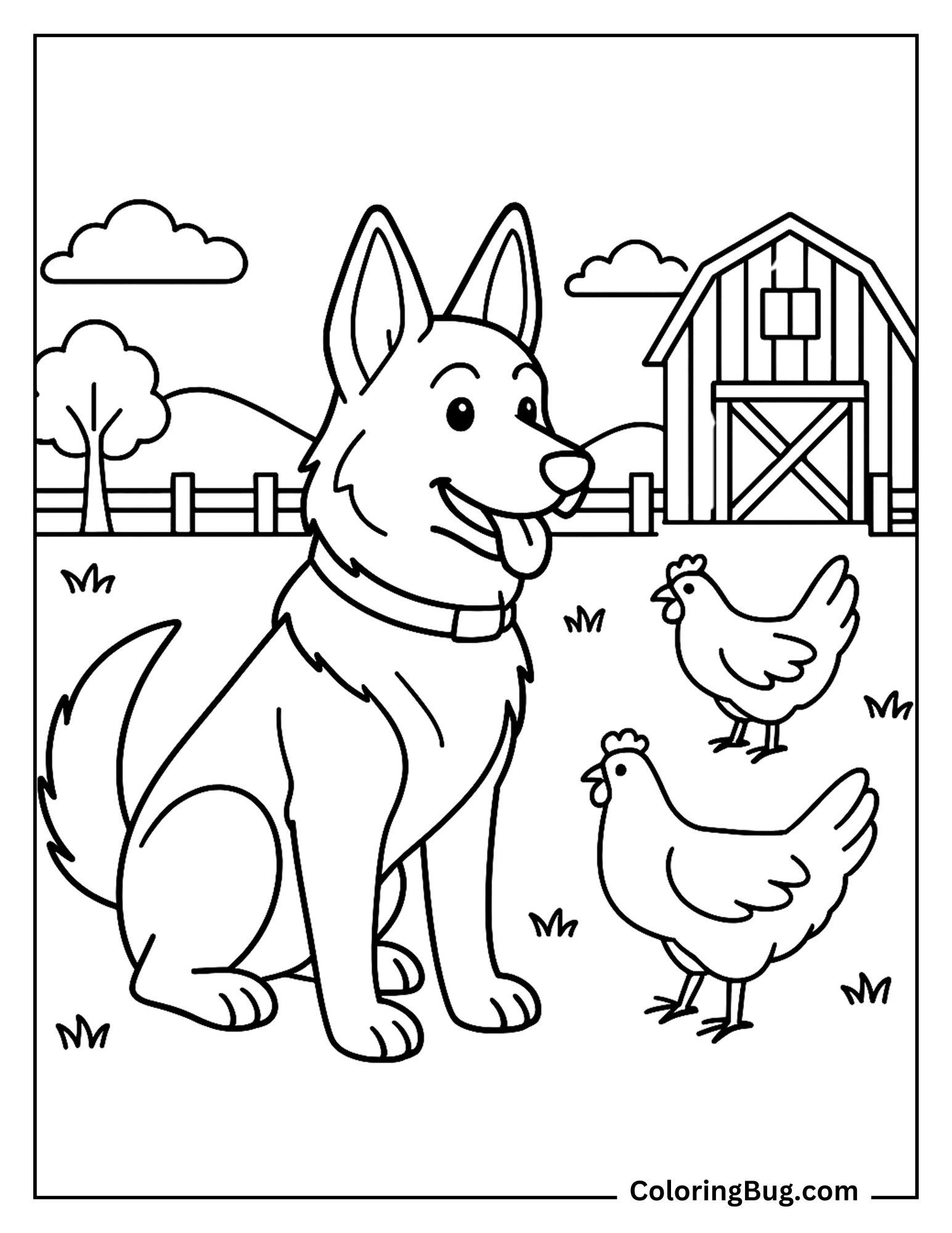 German Shepherd Sitting in Farm With Chickens Coloring Sheet