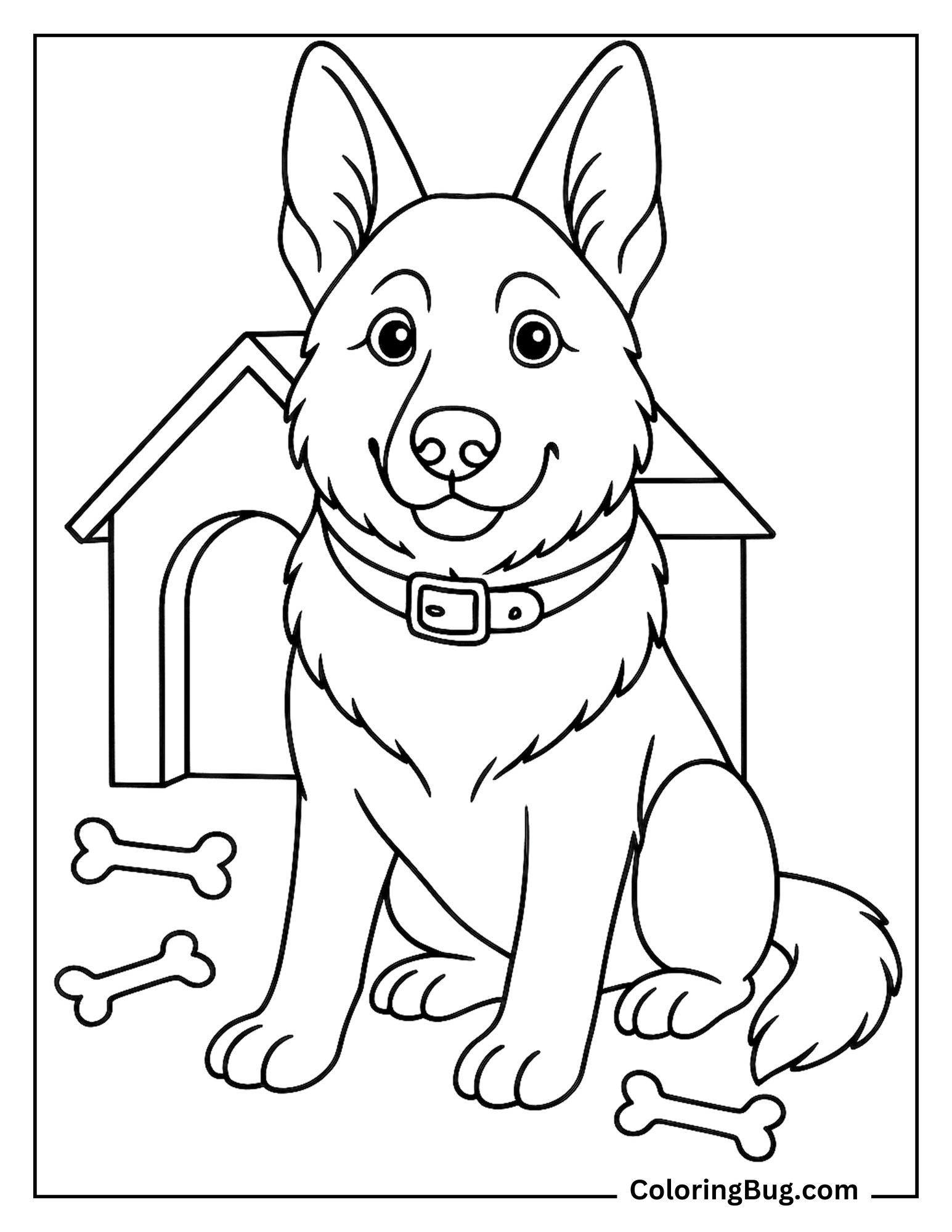 German Shepherd Sitting in Front of Doggy House Coloring Sheet