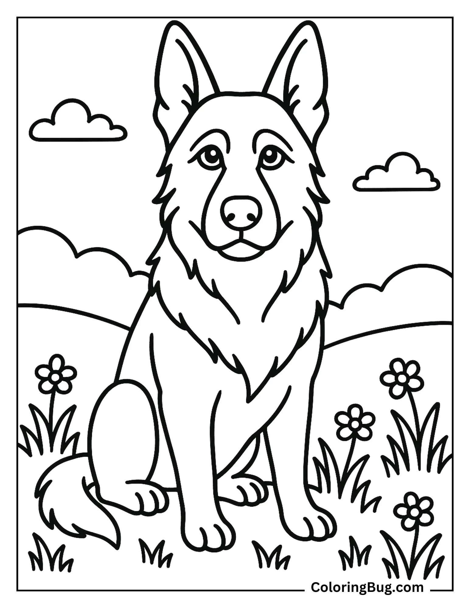 German Shepherd Sitting on Grass Coloring Sheet