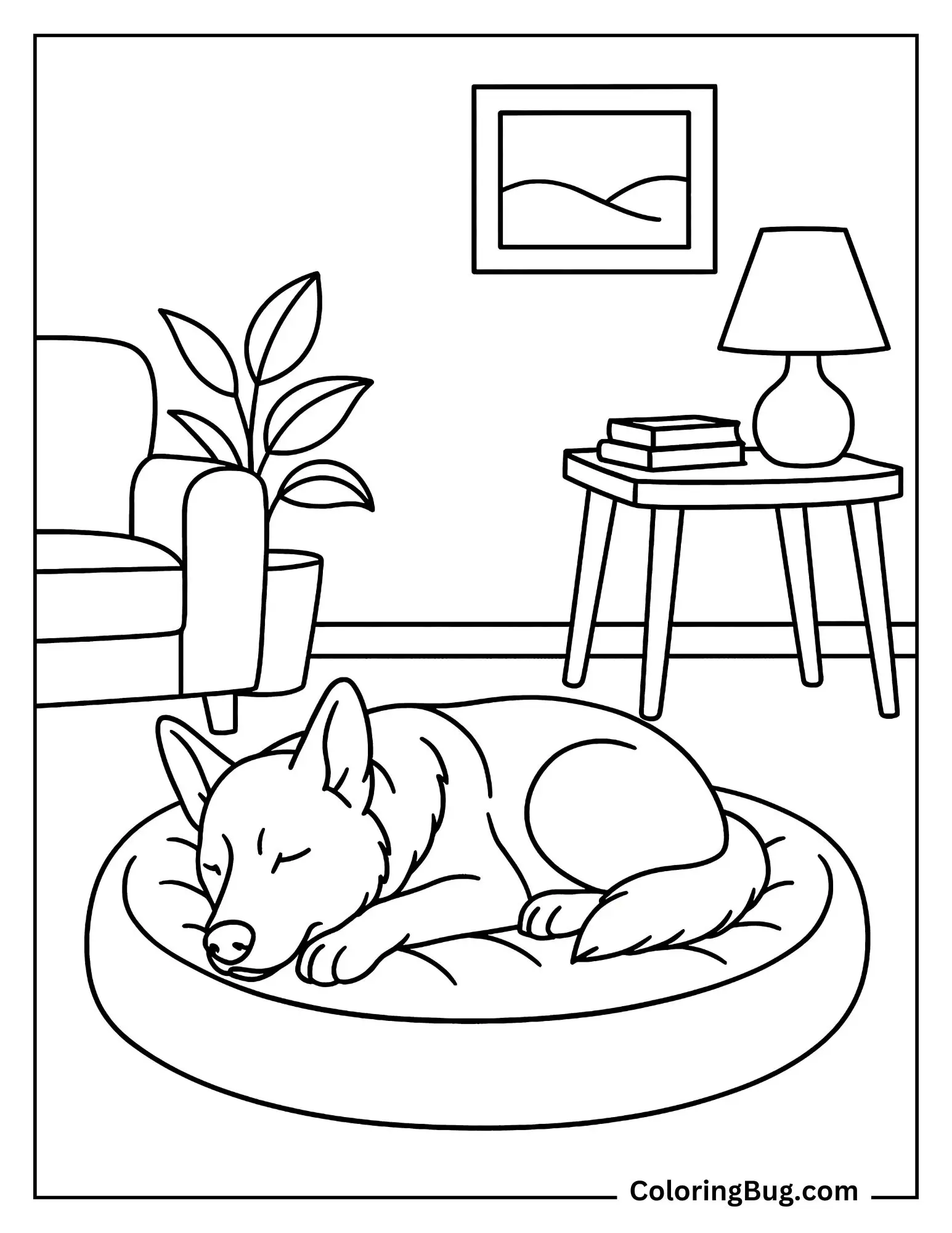 German Shepherd Sleeping on Cushion Coloring Sheet