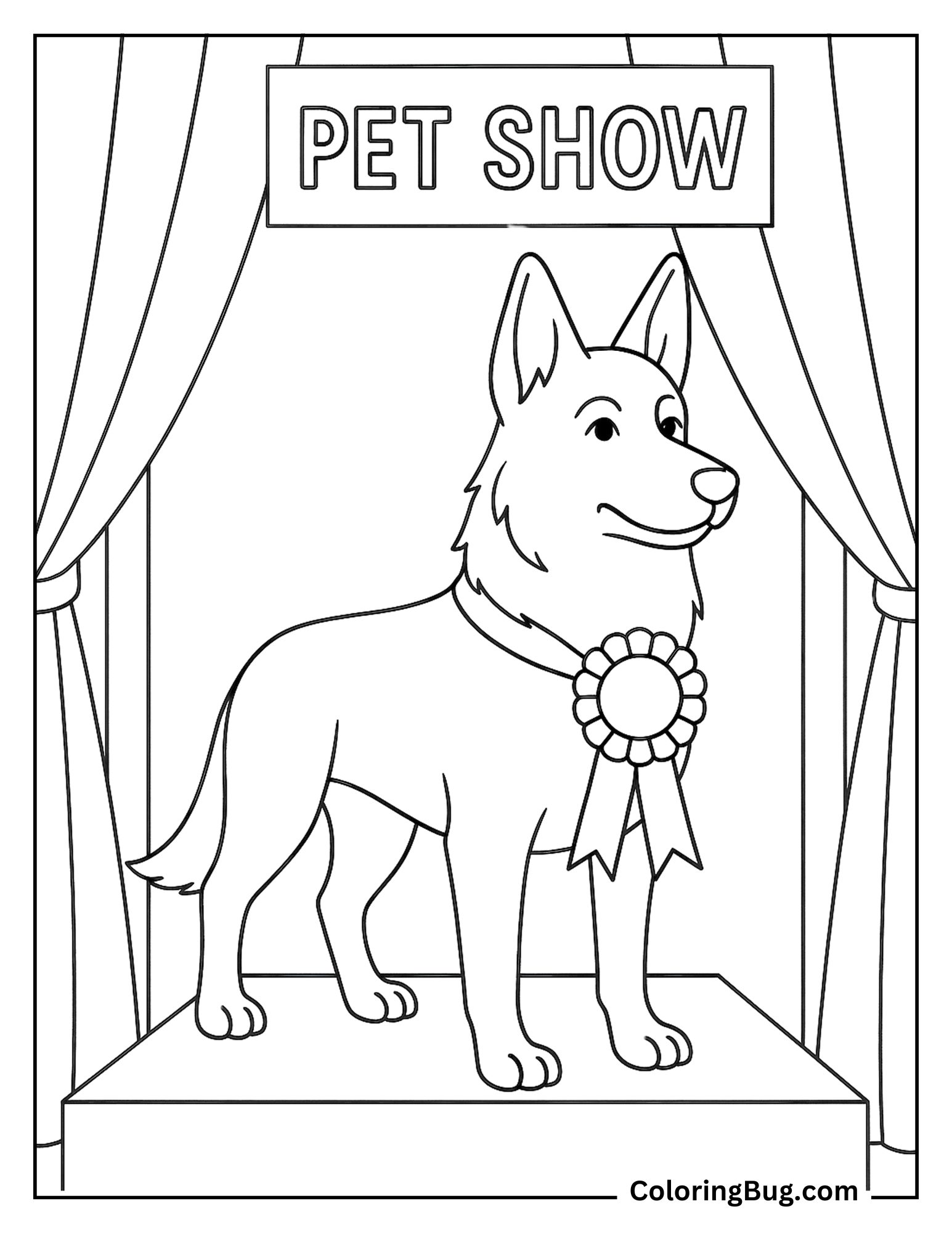German Shepherd Standing Proudly With Award Ribbon Coloring Sheet