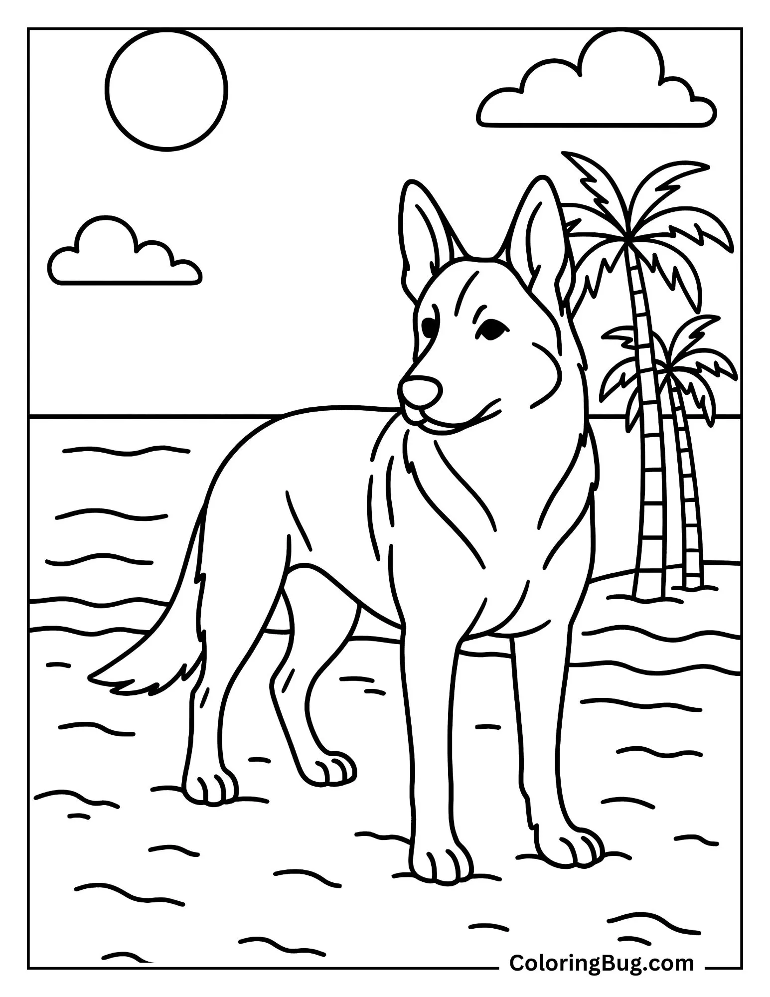 German Shepherd Standing on Beach Coloring Sheet