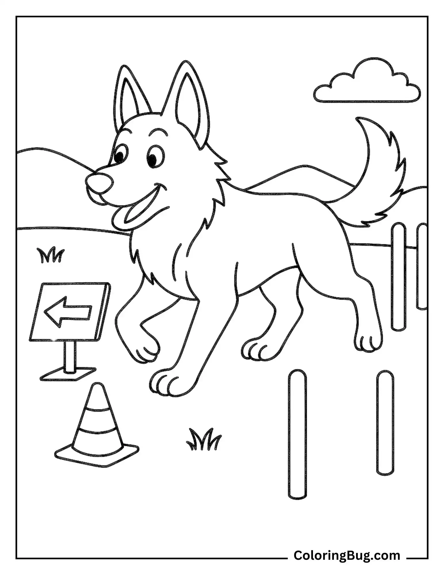 German Shepherd Walking Through Obedience Course Coloring Sheet