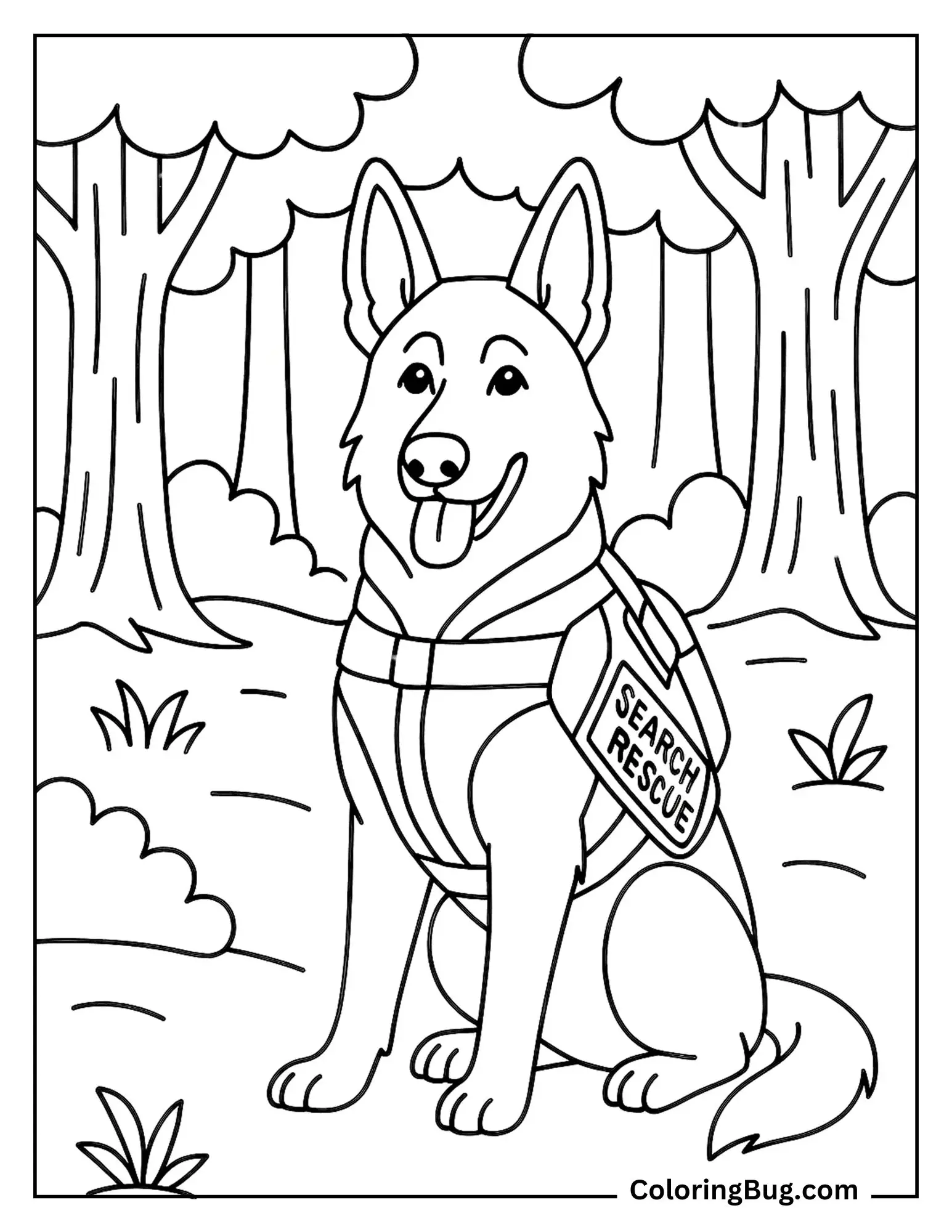 German Shepherd Wearing Search-And-Rescue Gear in Forest Coloring Sheet