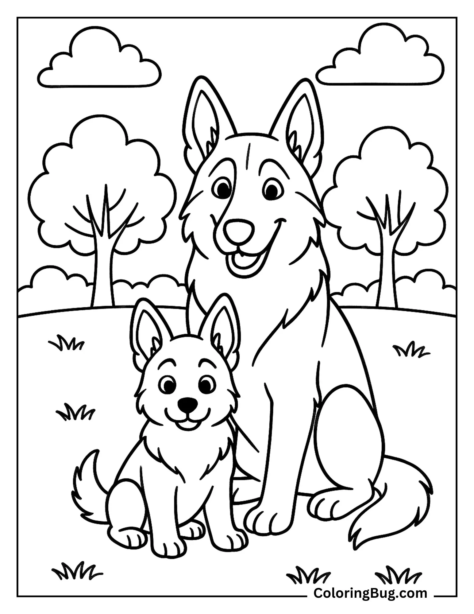 German Shepherd With Its  Baby Coloring Sheet
