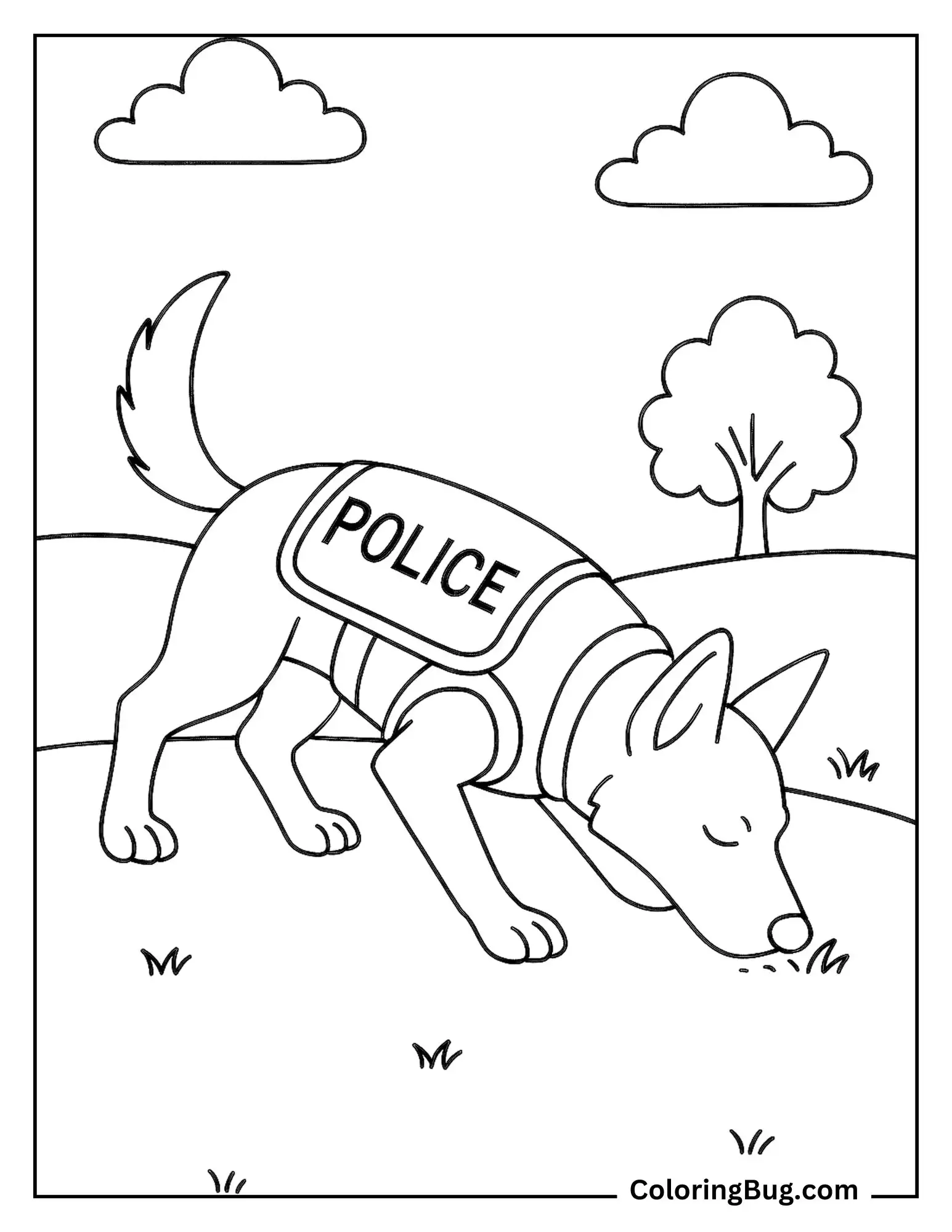 German Shepherd in Police Vest Sniffing for Clues Coloring Sheet