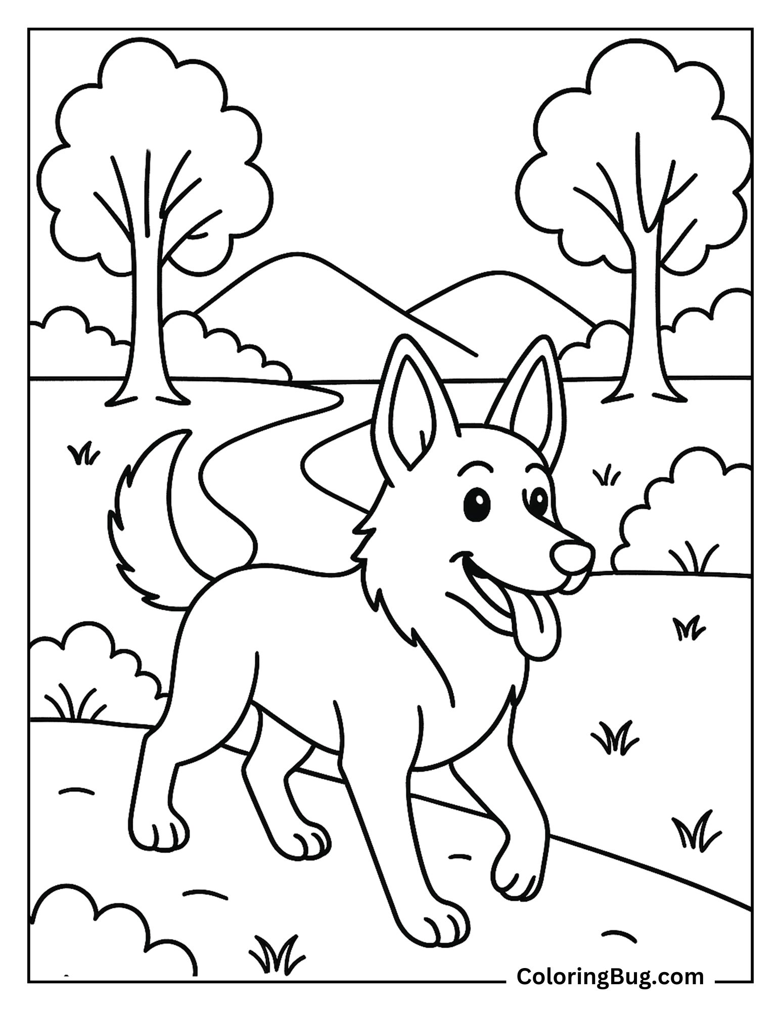 German Shepherd on Forest Trail Coloring Sheet
