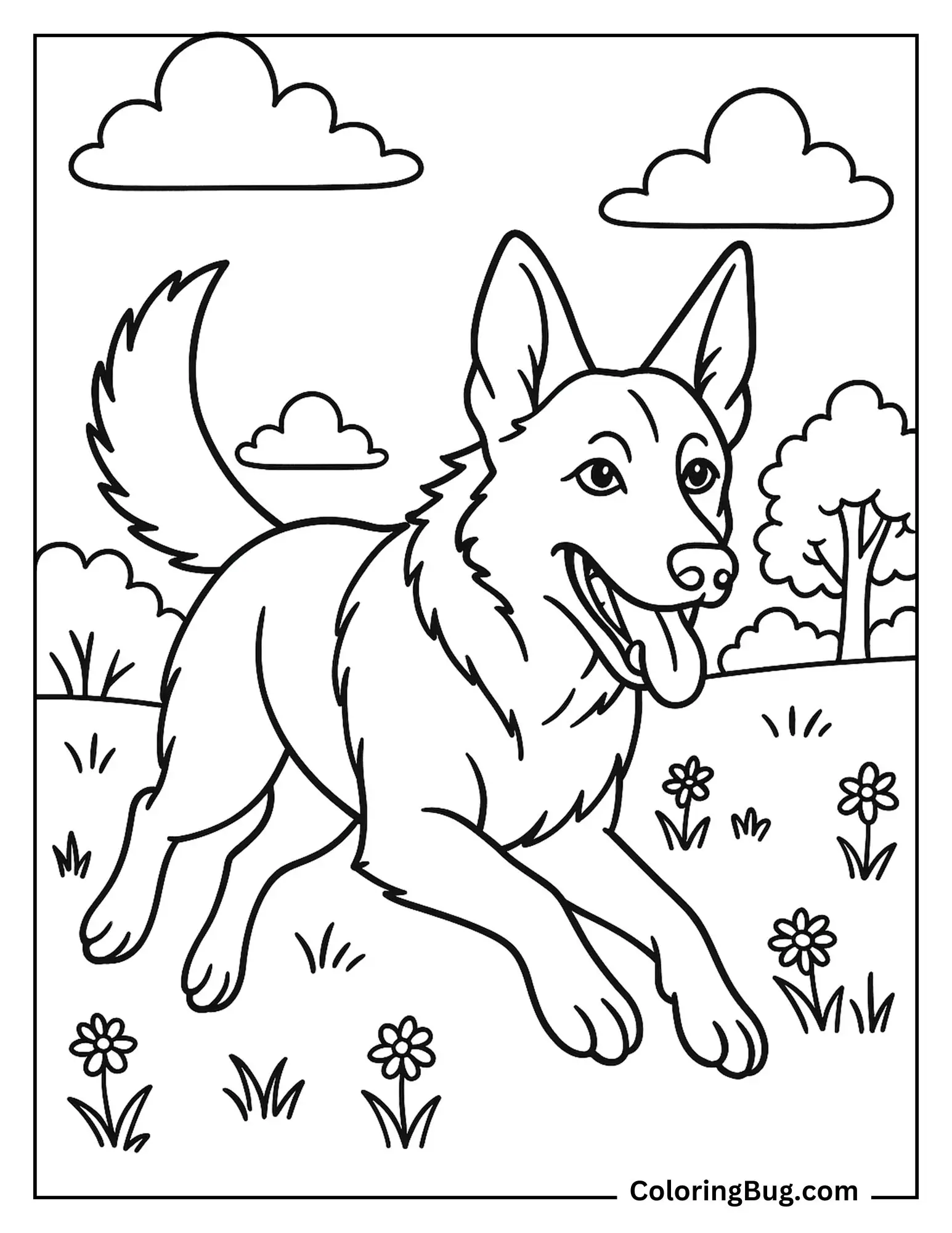 Germen Shepherd Running in Park Coloring Sheet